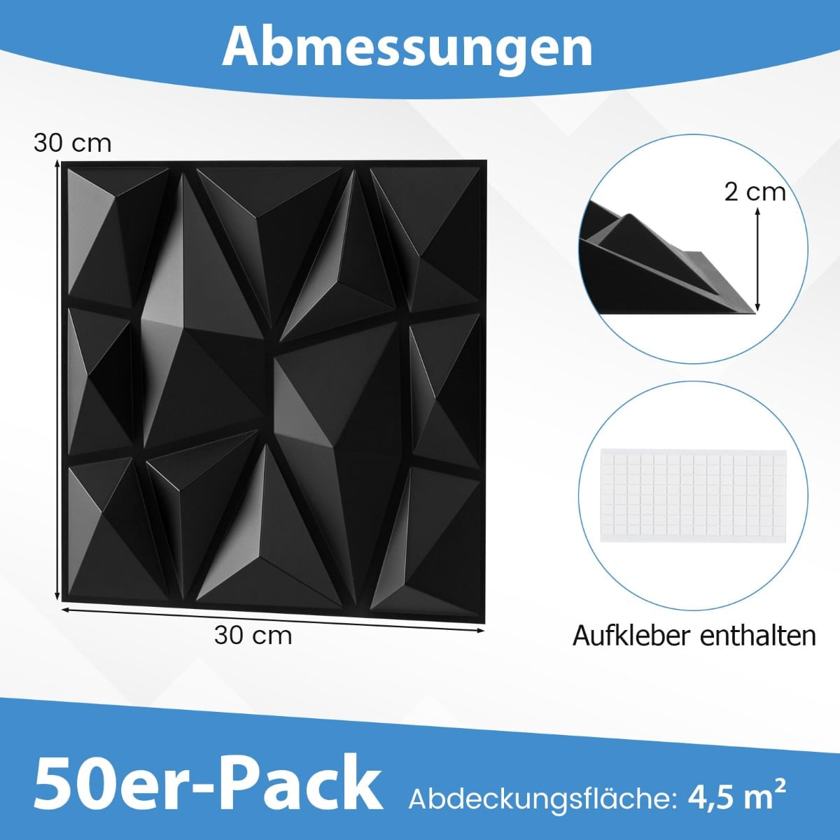 3D Wall Panels, Black PVC, 50 Pack, 30x30 cm, 4.5m² Coverage