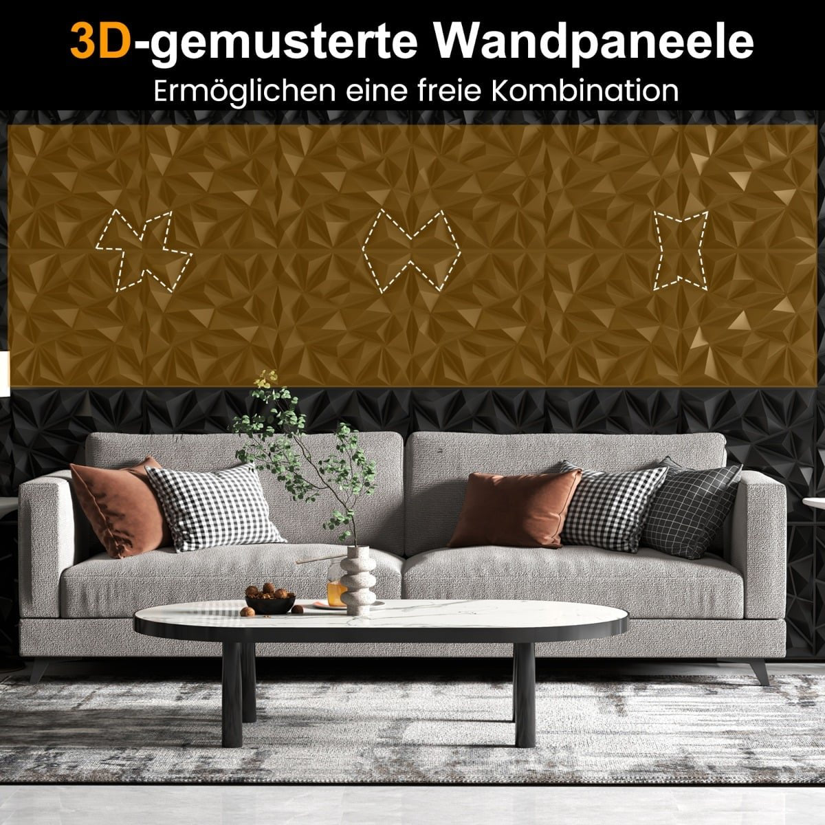 3D Wall Panels, Diamond Pattern, Black, 5m² Coverage