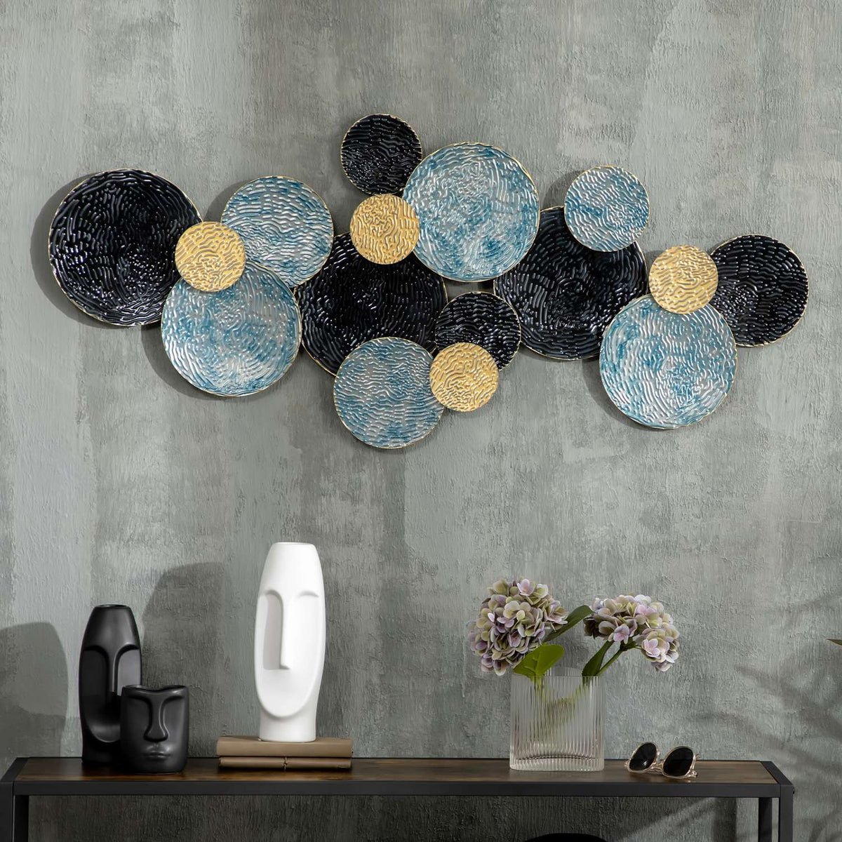 3D Wall Picture Metal Picture, Wall Sculpture, Living Room Art, Modern, 121X53Cm, Gold Black Blue