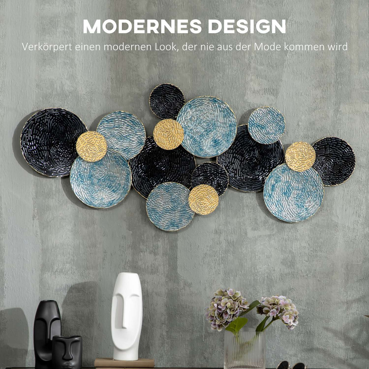 3D Wall Picture Metal Picture, Wall Sculpture, Living Room Art, Modern, 121X53Cm, Gold Black Blue