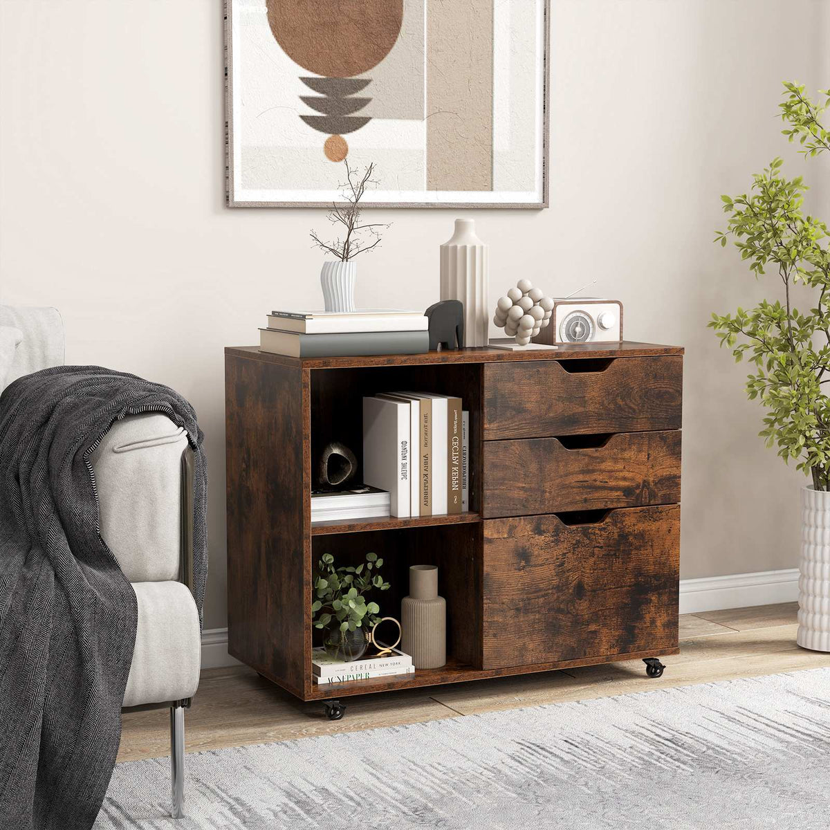 3-Drawer File Cabinet With Adjustable Shelf, Locking Wheels
