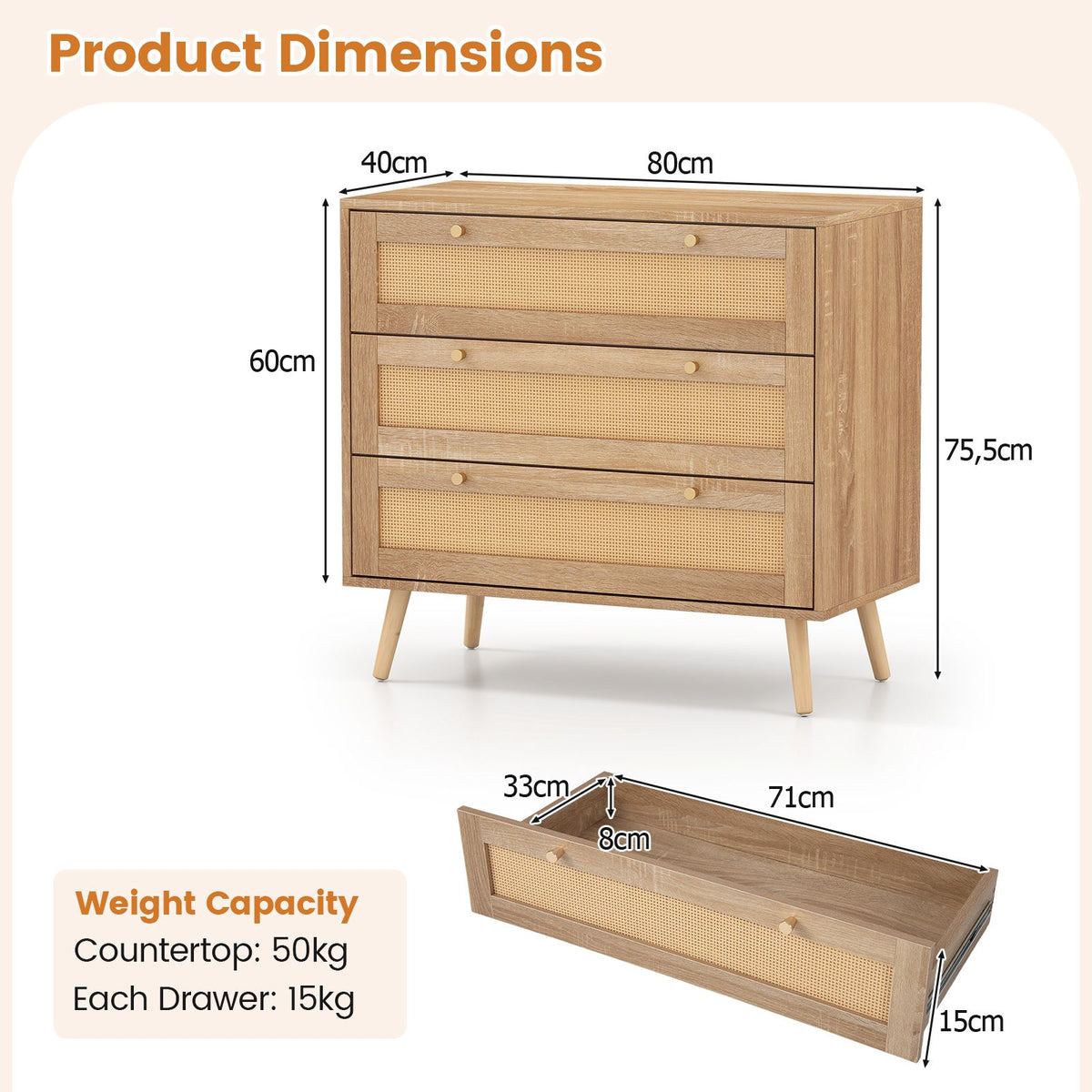 3-Drawer Rattan Dresser, Natural Boho Nightstand