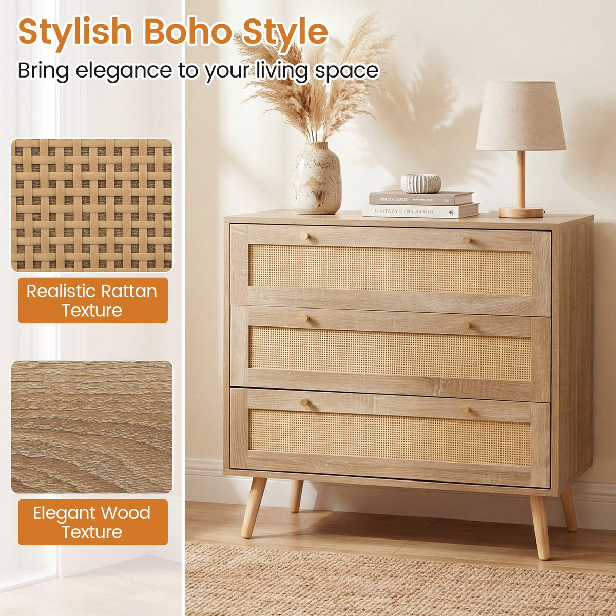 3-Drawer Rattan Dresser, Natural Boho Nightstand