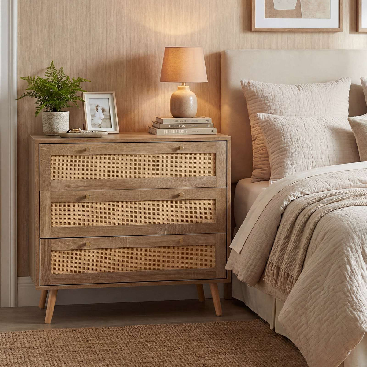 3-Drawer Rattan Dresser, Natural Boho Nightstand