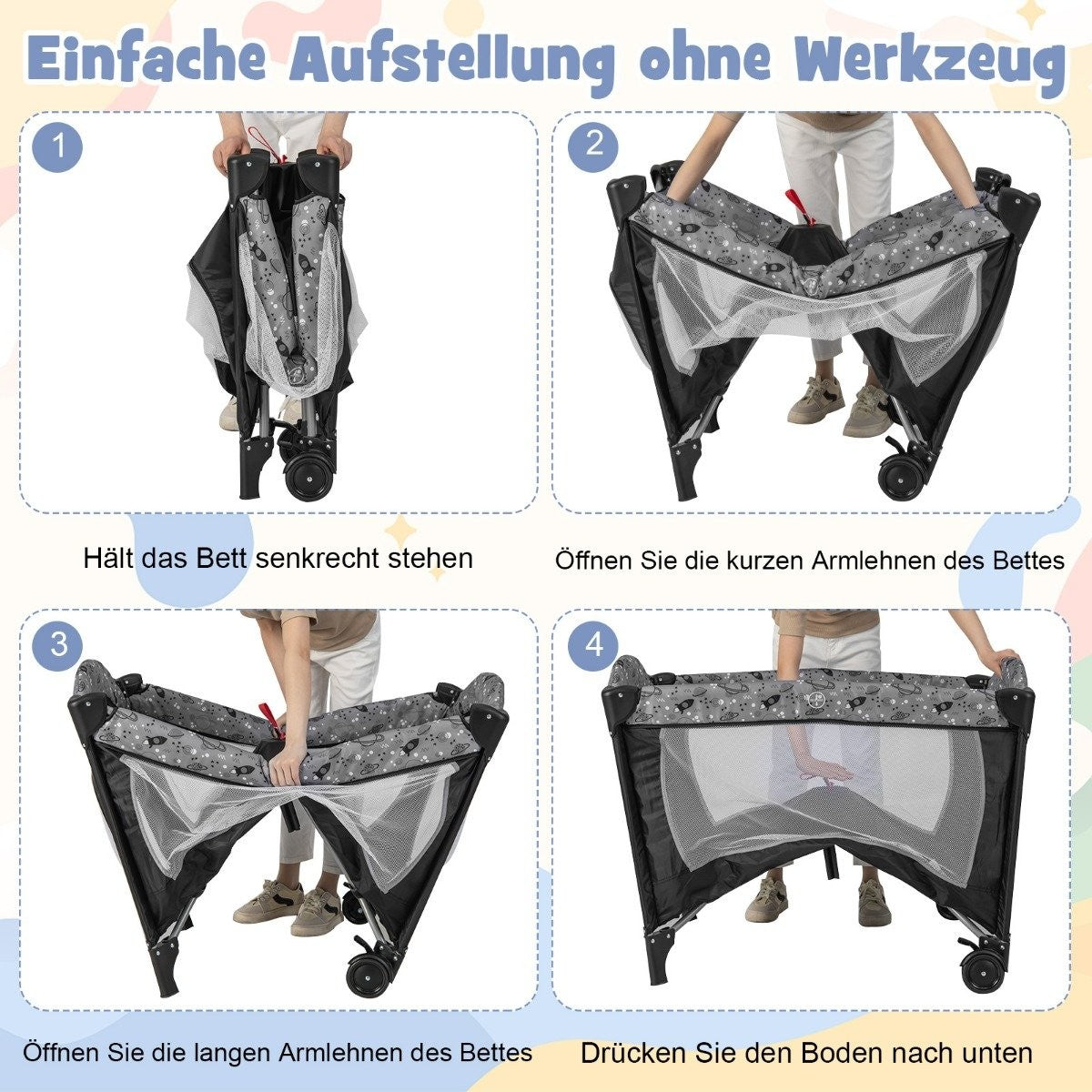 3 IN 1 side bed folding travel bed with mattress hanging toy 102 x 72 x 74 cm grey