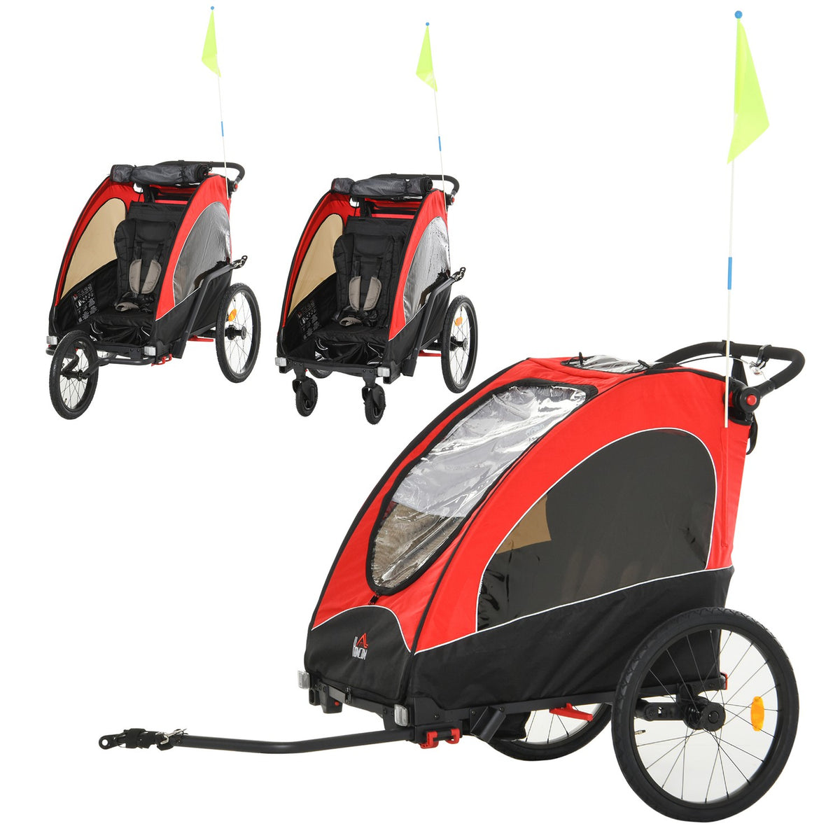 3 In 1 Children'S Trailer Aluminum Children'S Jogger Bicycle Trailer For 2 Children With Flag Red + Black 150 X 85 X 107 Cm