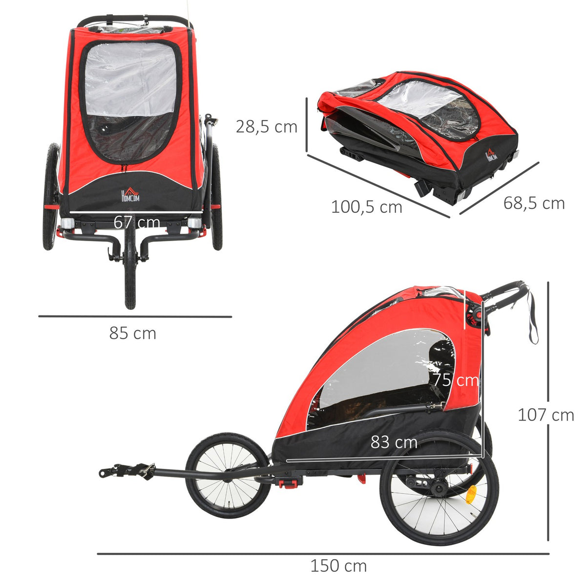 3 In 1 Children'S Trailer Aluminum Children'S Jogger Bicycle Trailer For 2 Children With Flag Red + Black 150 X 85 X 107 Cm