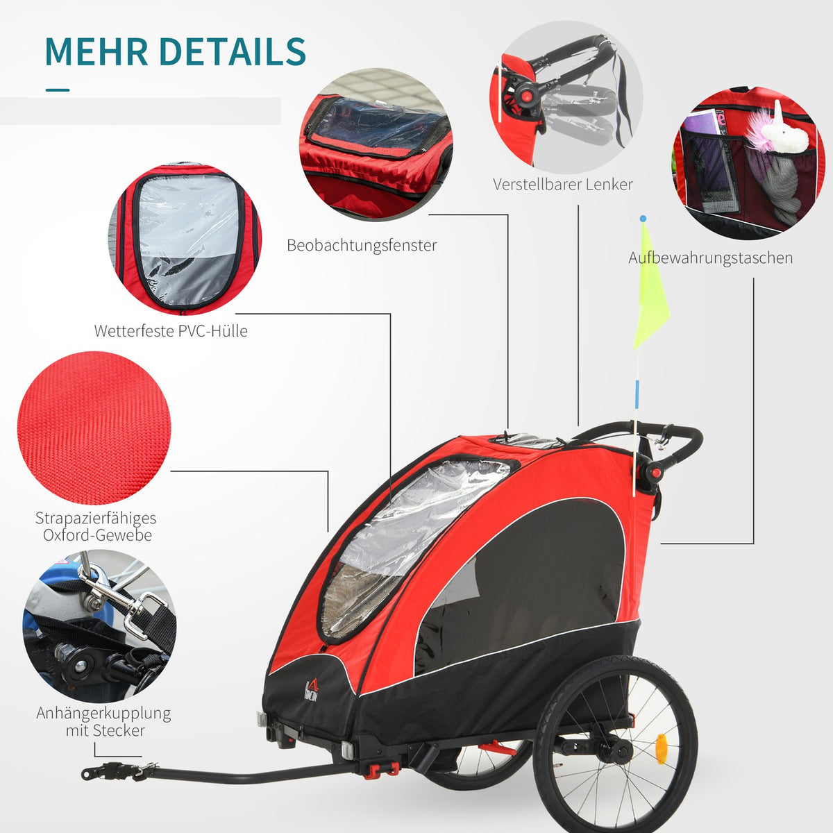 3 In 1 Children'S Trailer Aluminum Children'S Jogger Bicycle Trailer For 2 Children With Flag Red + Black 150 X 85 X 107 Cm