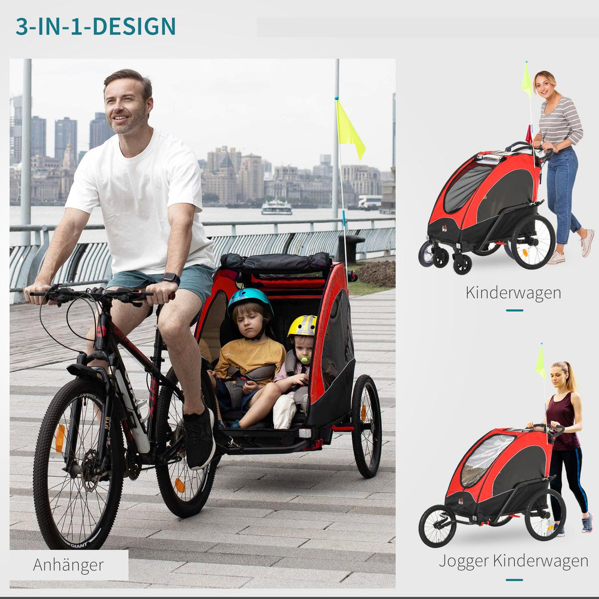 3 In 1 Children'S Trailer Aluminum Children'S Jogger Bicycle Trailer For 2 Children With Flag Red + Black 150 X 85 X 107 Cm