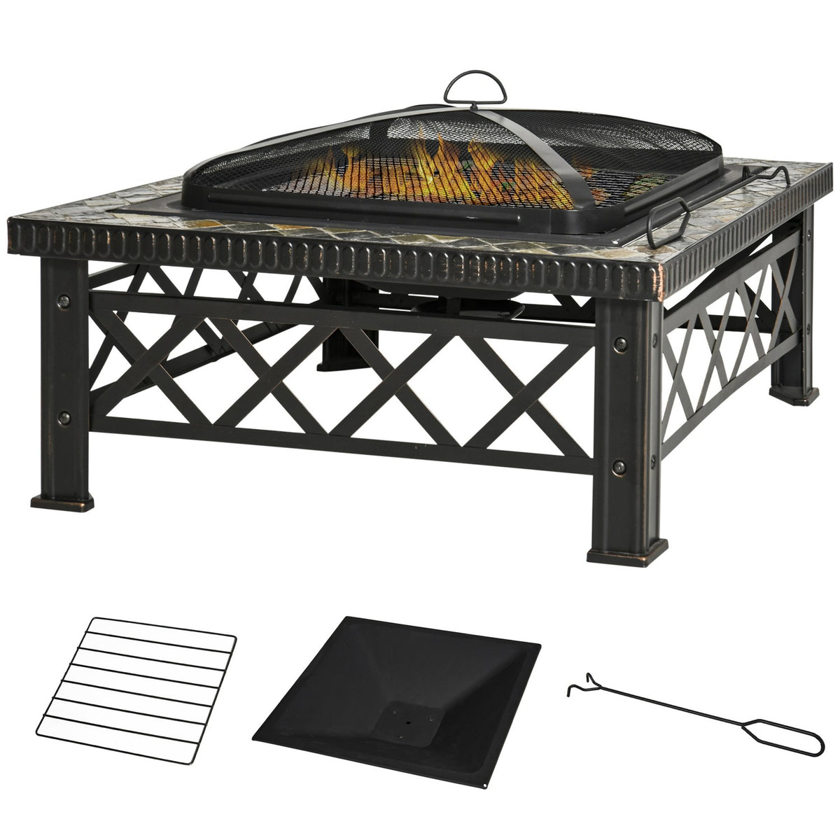 3-In-1 Fire Bowl Fire Basket Fire Pit With Spark Guard Grill Grate Ice Bucket Garden Bbq Black 76 X 76 X 47 Cm