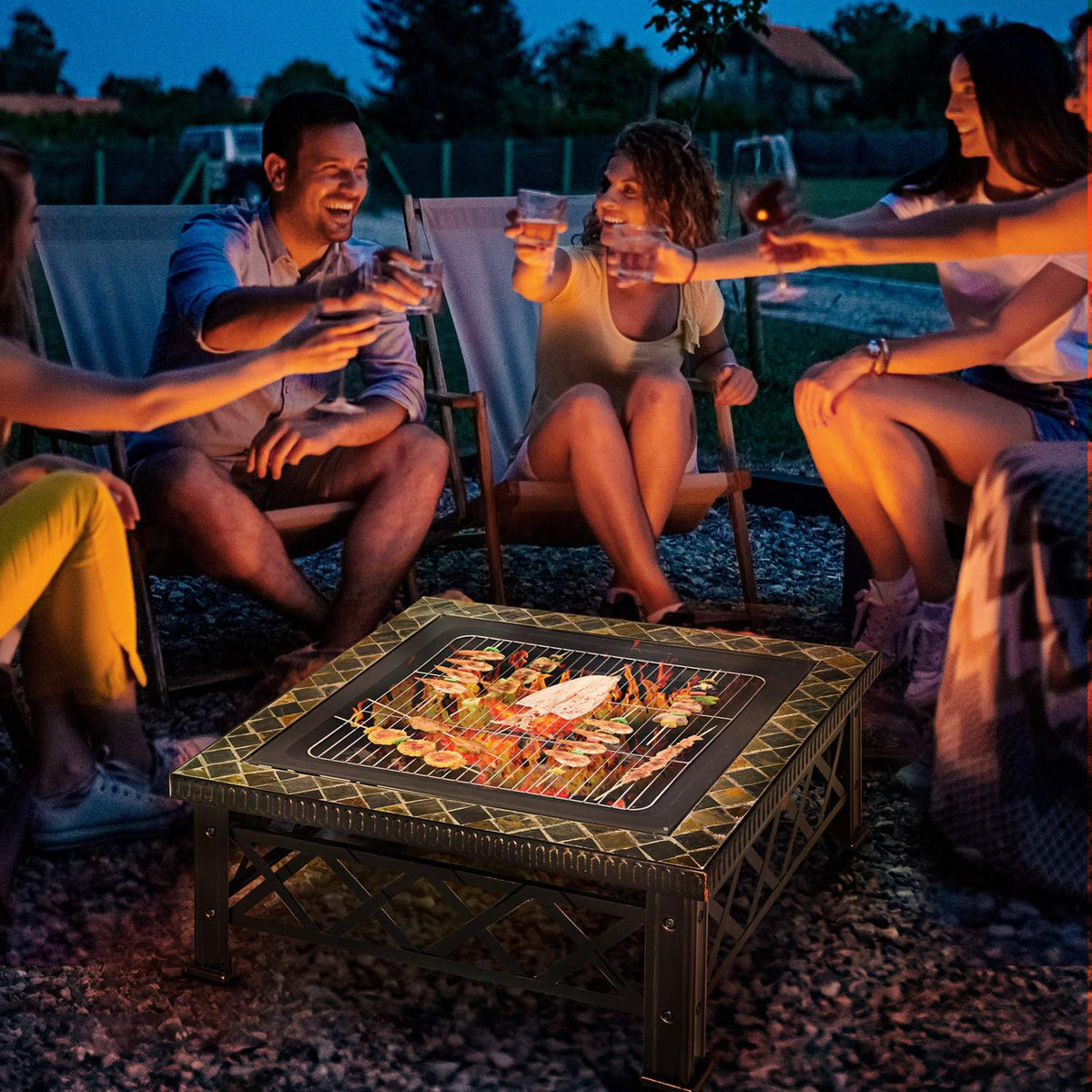 3-In-1 Fire Bowl Fire Basket Fire Pit With Spark Guard Grill Grate Ice Bucket Garden Bbq Black 76 X 76 X 47 Cm