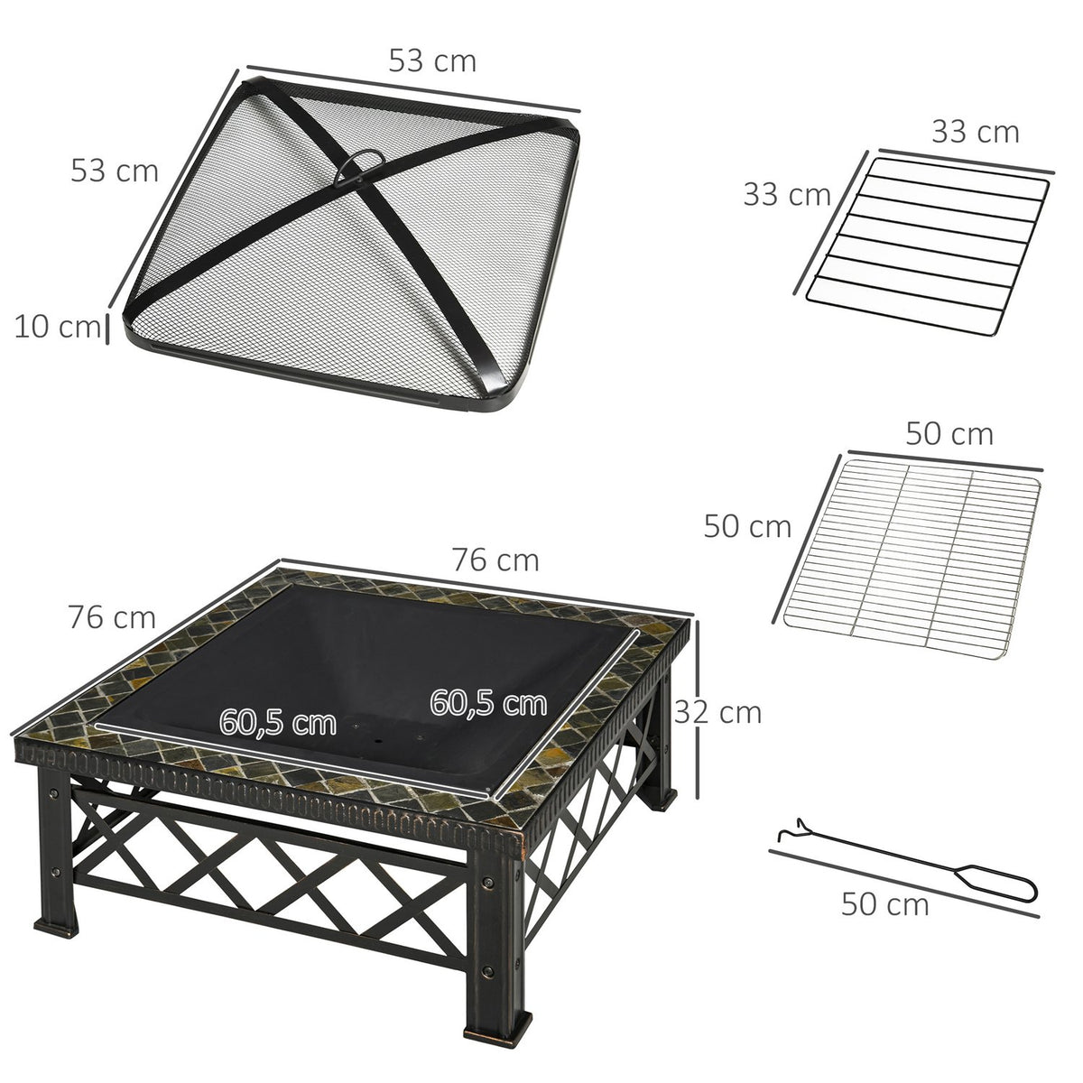 3-In-1 Fire Bowl Fire Basket Fire Pit With Spark Guard Grill Grate Ice Bucket Garden Bbq Black 76 X 76 X 47 Cm