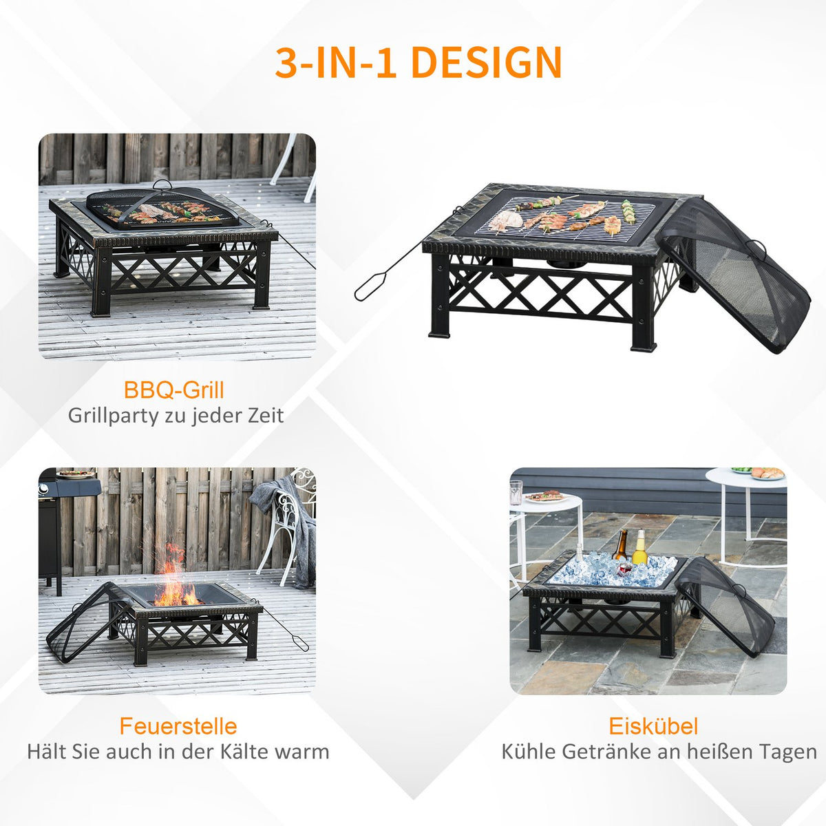 3-In-1 Fire Bowl Fire Basket Fire Pit With Spark Guard Grill Grate Ice Bucket Garden Bbq Black 76 X 76 X 47 Cm