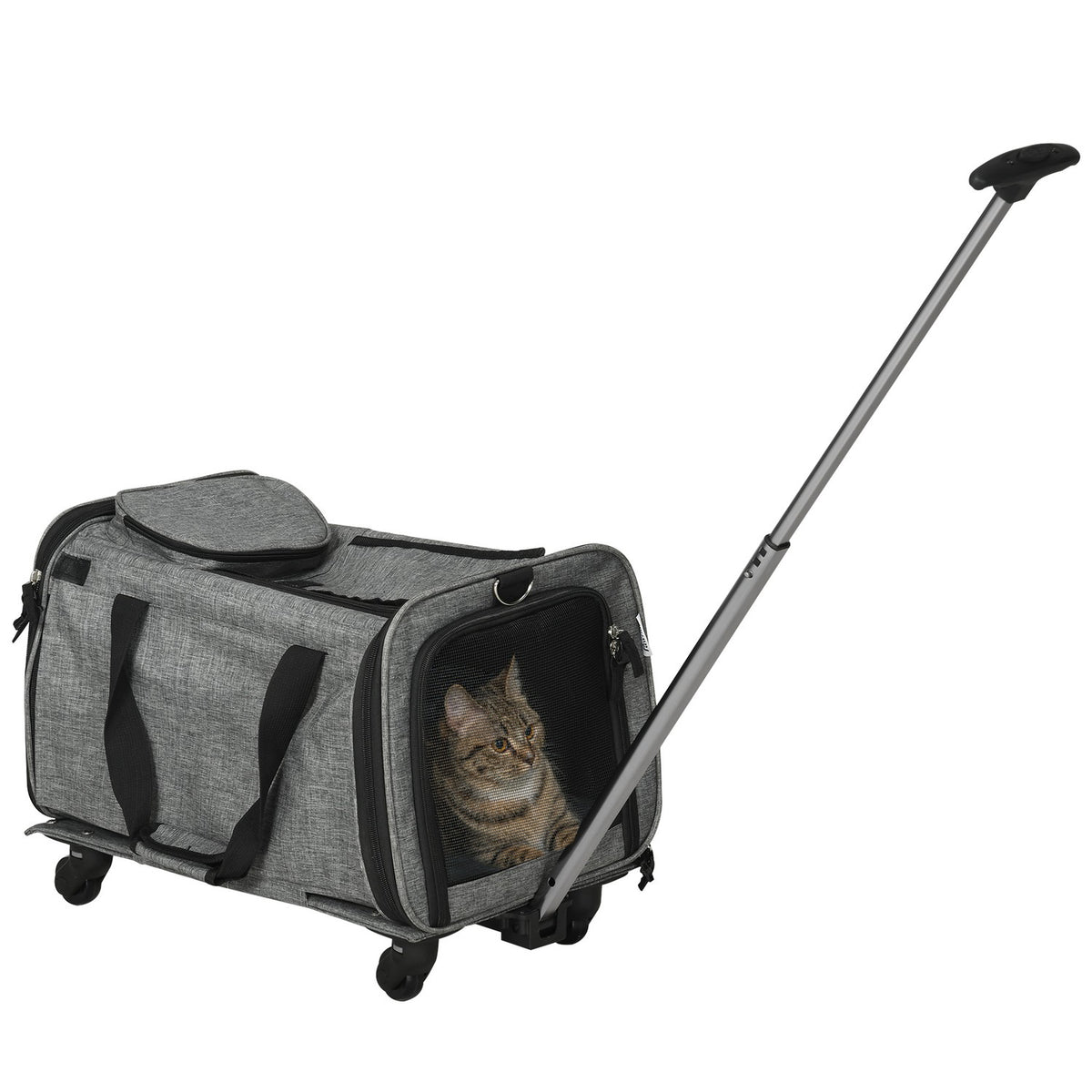 3-In-1 Pet Trolley Dog Crate Transport Bag With Telescopic Handle And Wheels Carrier Bag For Cats Dwarf Dogs With Mesh Window Gray