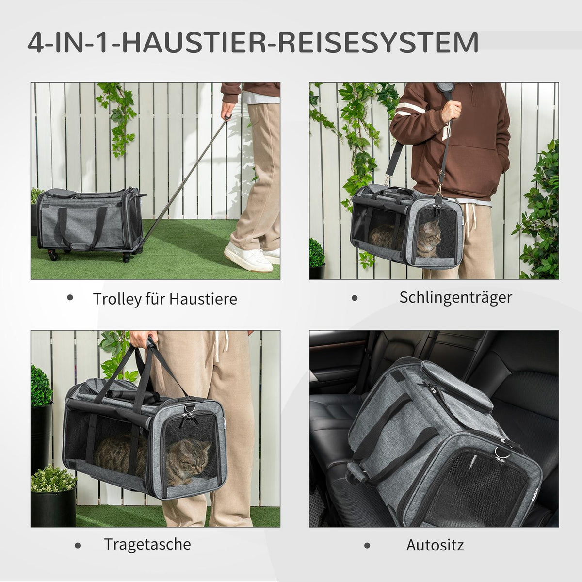 3-In-1 Pet Trolley Dog Crate Transport Bag With Telescopic Handle And Wheels Carrier Bag For Cats Dwarf Dogs With Mesh Window Gray