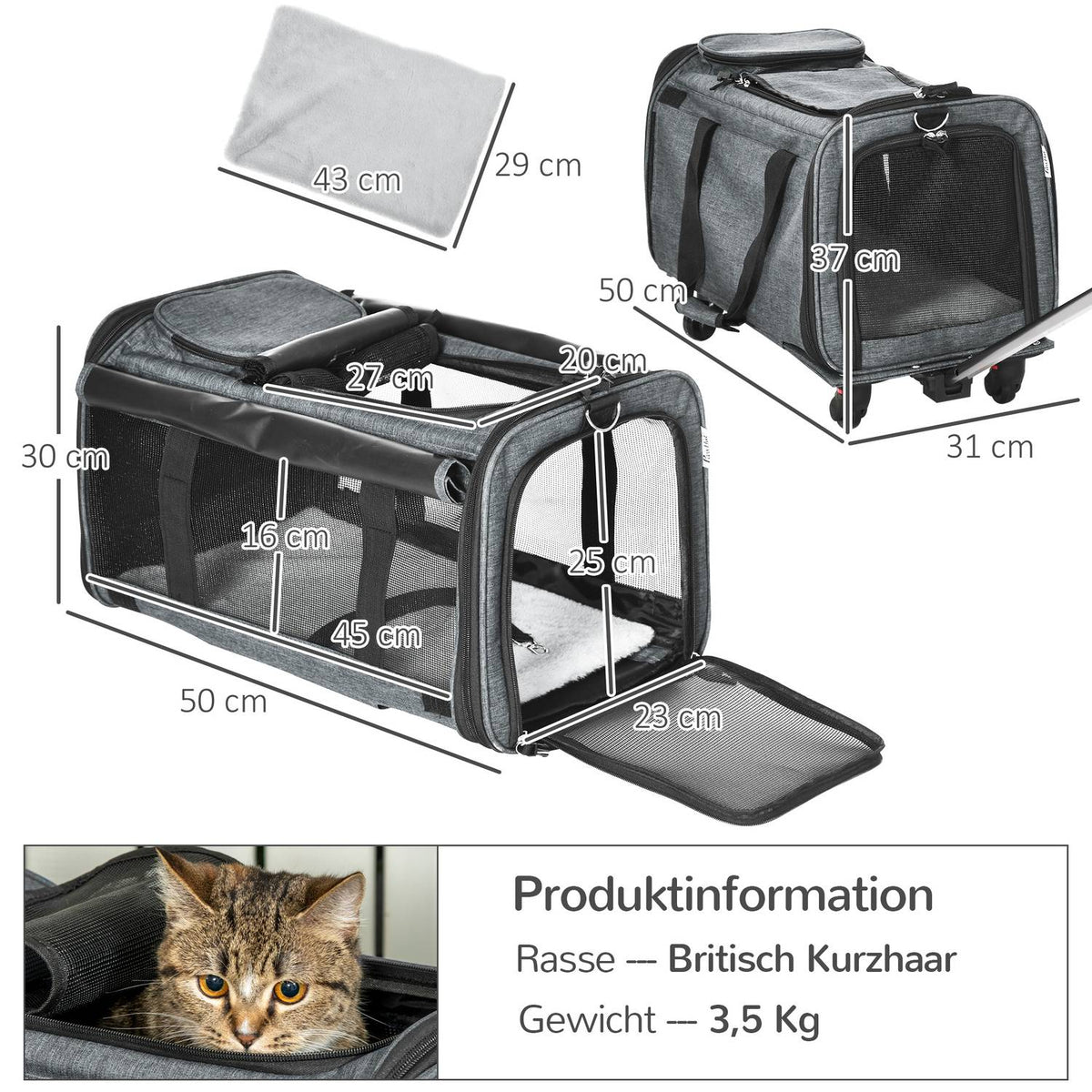 3-In-1 Pet Trolley Dog Crate Transport Bag With Telescopic Handle And Wheels Carrier Bag For Cats Dwarf Dogs With Mesh Window Gray