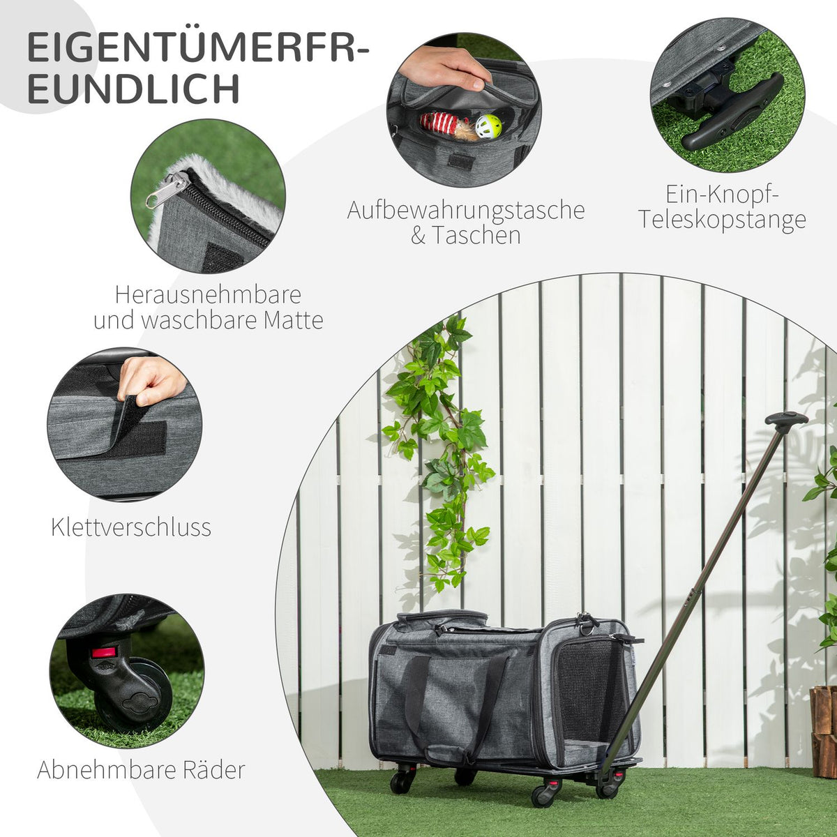 3-In-1 Pet Trolley Dog Crate Transport Bag With Telescopic Handle And Wheels Carrier Bag For Cats Dwarf Dogs With Mesh Window Gray