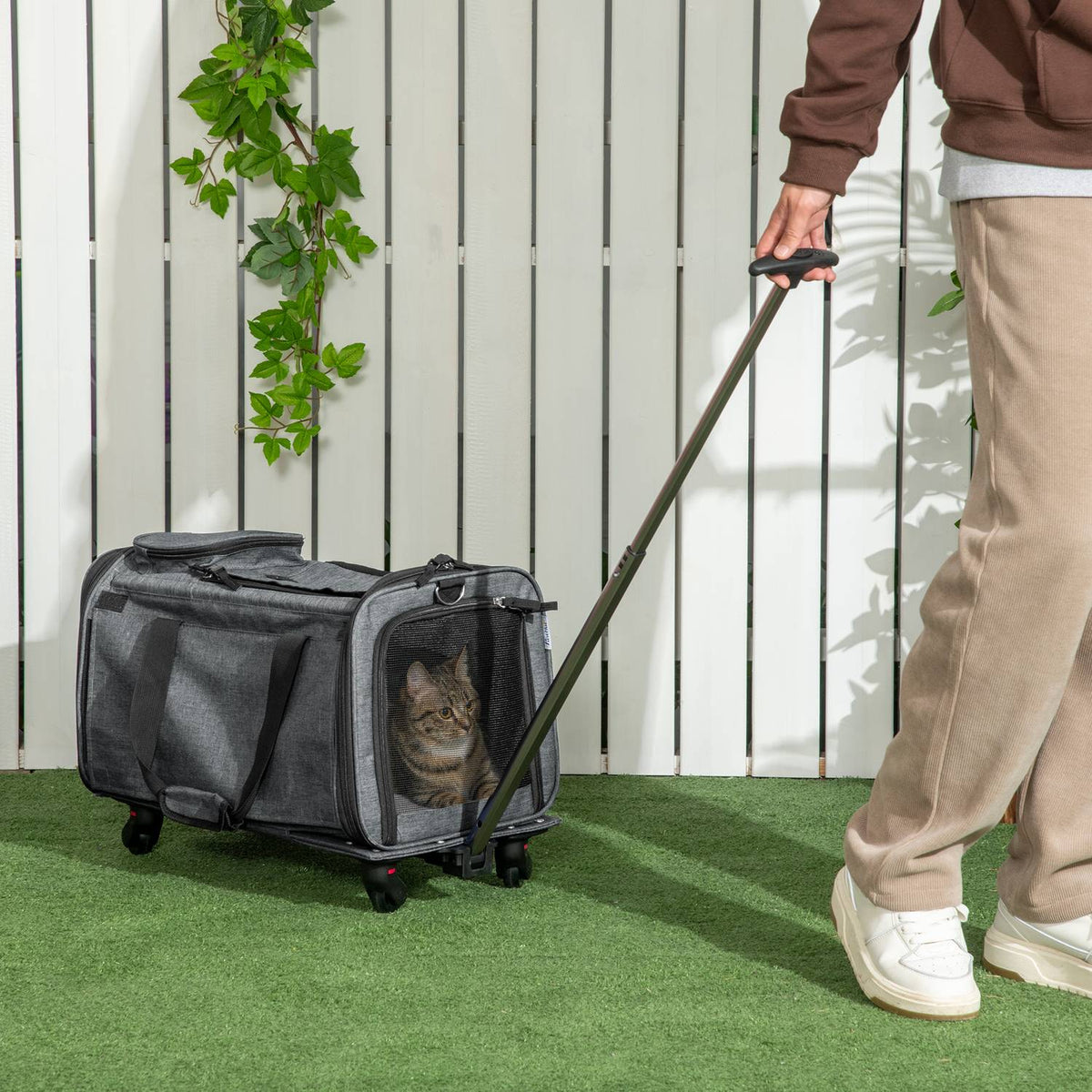 3-In-1 Pet Trolley Dog Crate Transport Bag With Telescopic Handle And Wheels Carrier Bag For Cats Dwarf Dogs With Mesh Window Gray