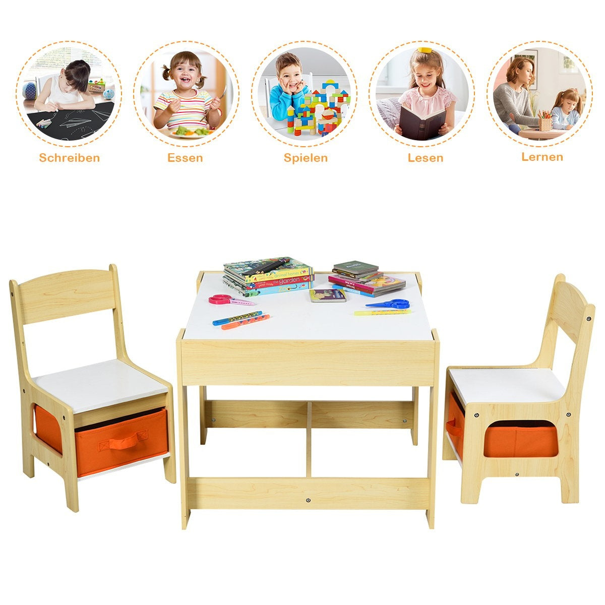 3 PCS. Children's seating group, children's furniture, children's seating set, children's table with 2 wooden chairs, 3 in 1 painting table