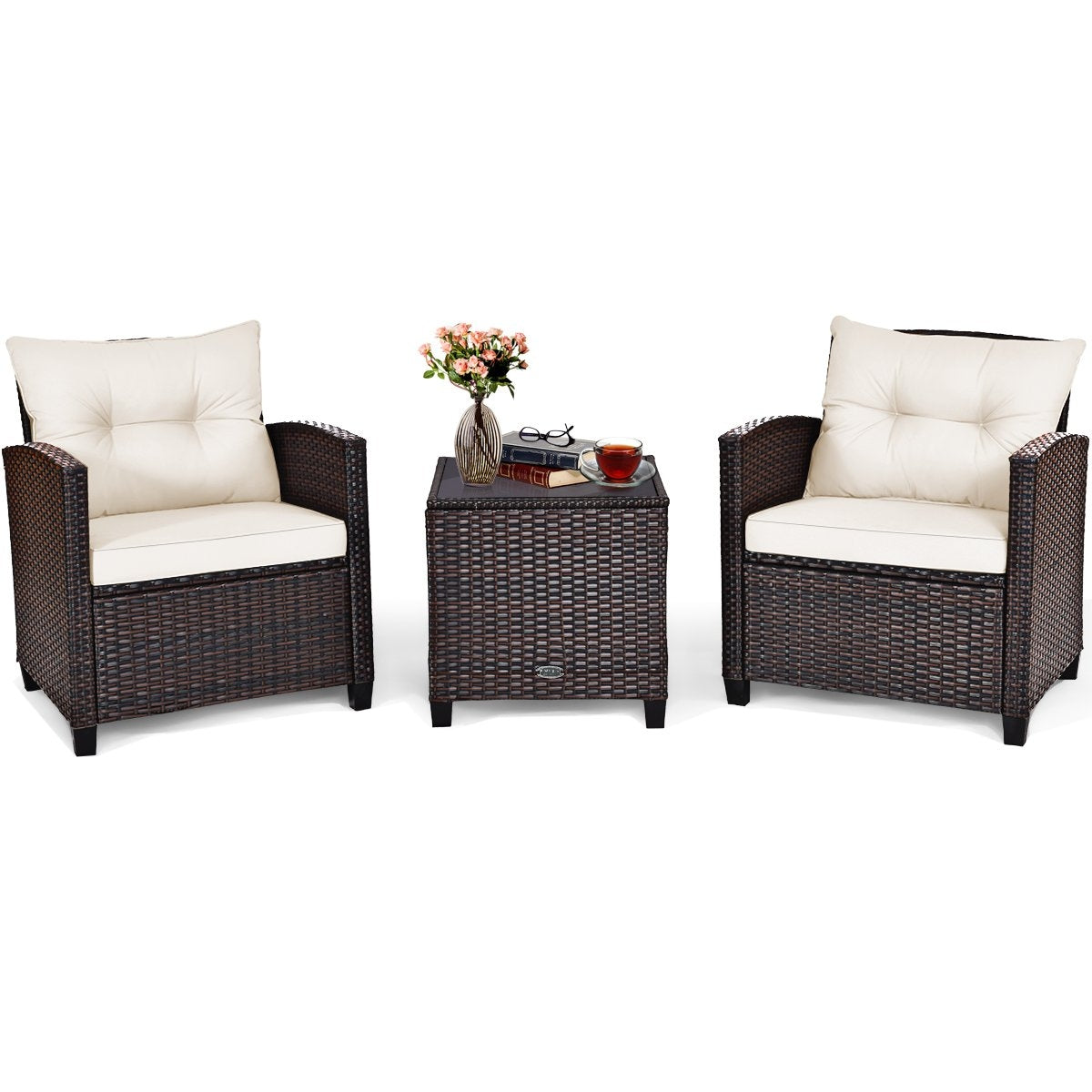 3 PCS. Polyrattan lounge set garden furniture rattan seating group with seat cushions and coffee table beige