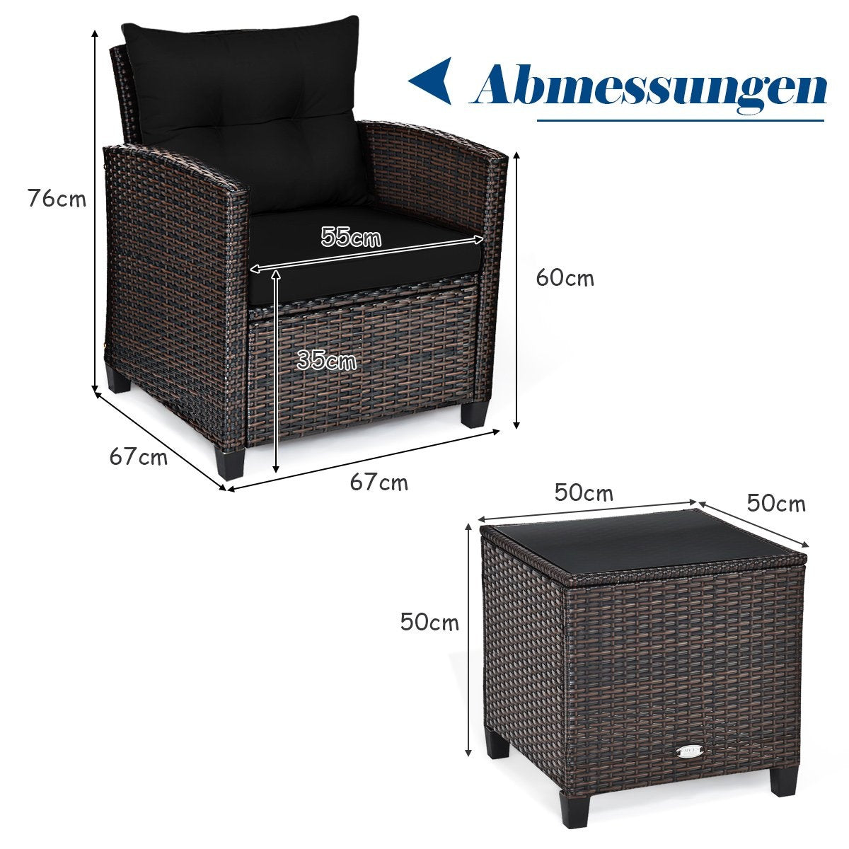 3 PCS. Rattan garden furniture set, balcony furniture, garden lounge with seat cushions and coffee table, black