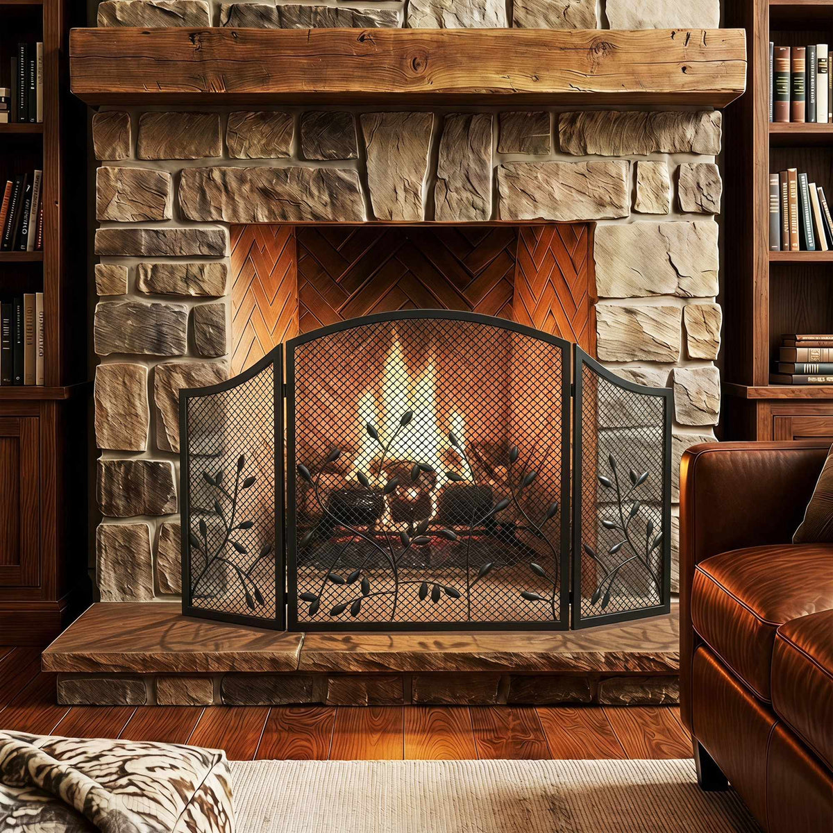 3-Panel Black Metal Fireplace Screen, Heat Resistant