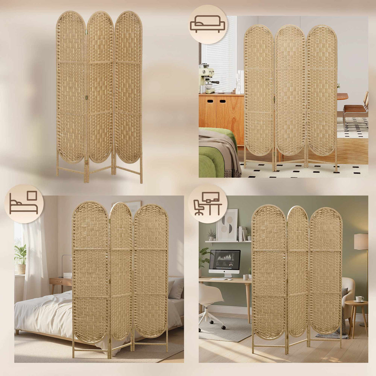 3-Panel Folding Room Divider with Arched Top, Natural Finish