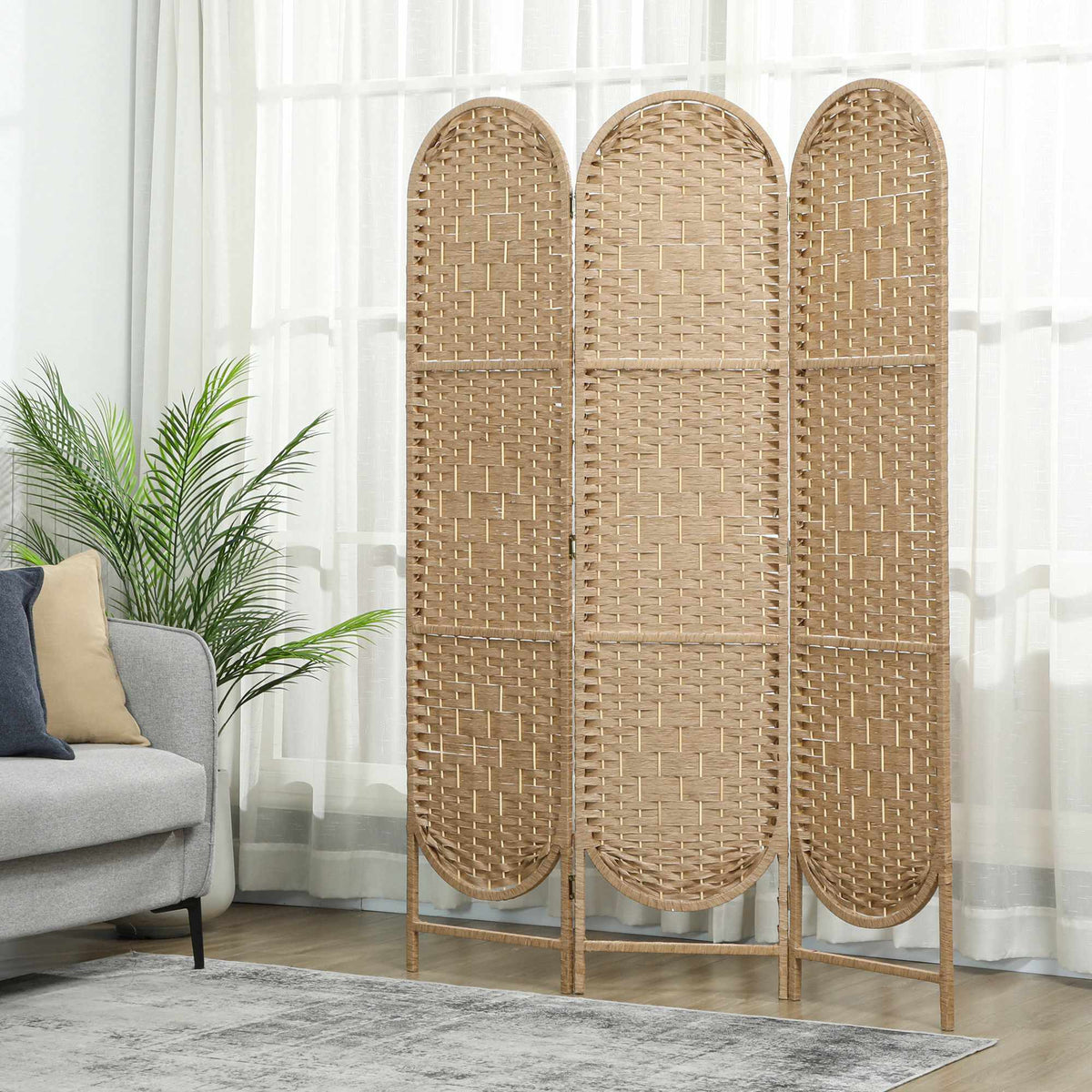 3-Panel Folding Room Divider with Arched Top, Natural Finish