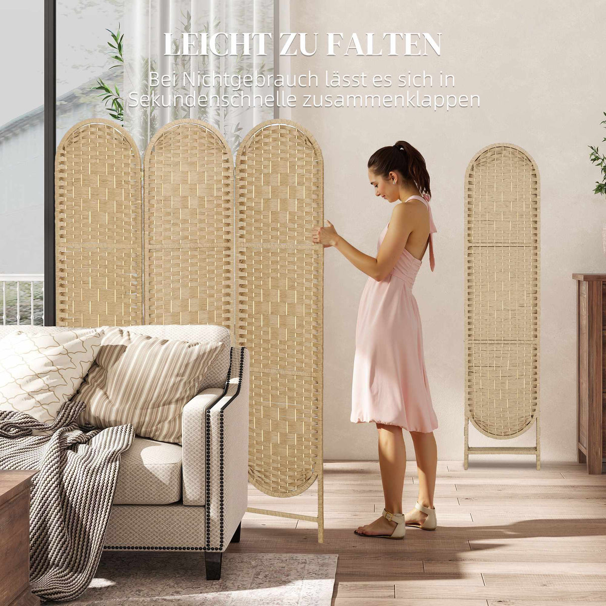 3-Panel Folding Room Divider with Arched Top, Natural Finish