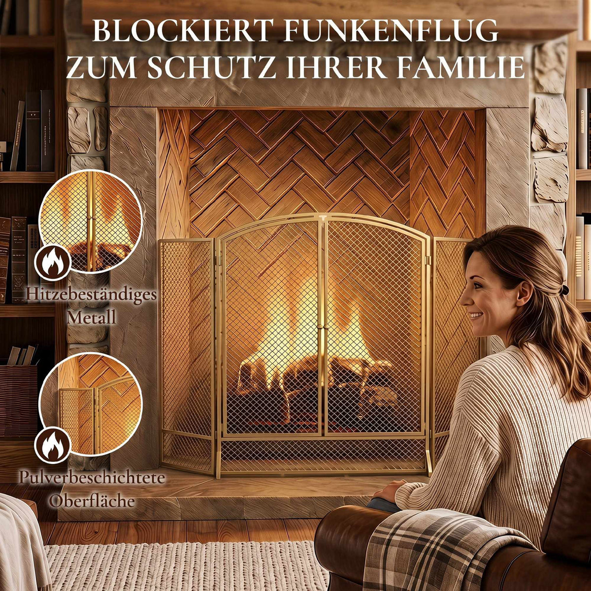 3-Panel Gold Metal Fireplace Screen with Double Doors