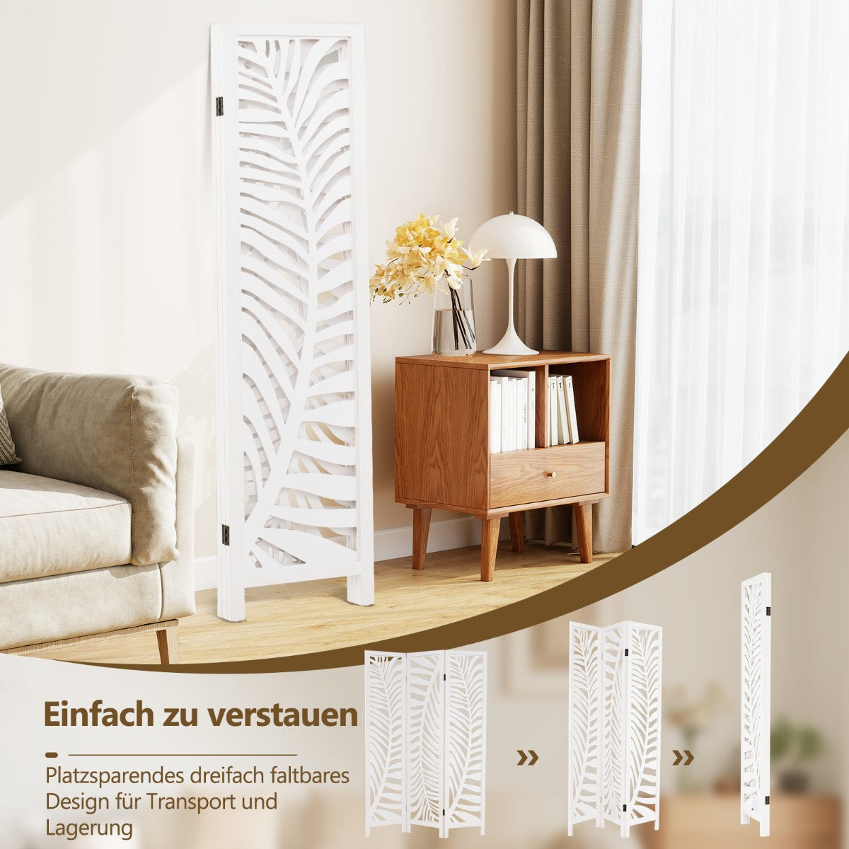 3-Panel Room Divider, Natural Paulownia Wood, White