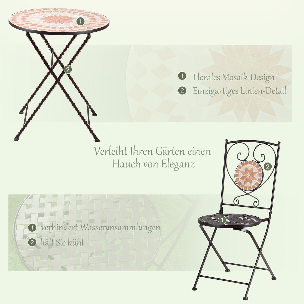 3 Pcs. Bistro Set Garden Furniture Set Balcony Set With 1 Coffee Table, 2 Folding Chairs, Seating Group With Mosaic Pattern, Metal, Coffee