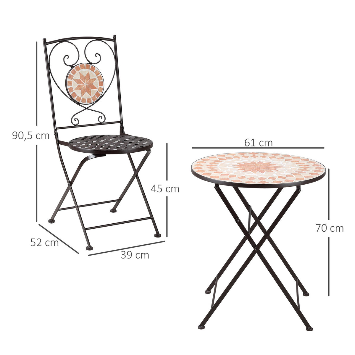 3 Pcs. Bistro Set Garden Furniture Set Balcony Set With 1 Coffee Table, 2 Folding Chairs, Seating Group With Mosaic Pattern, Metal, Coffee
