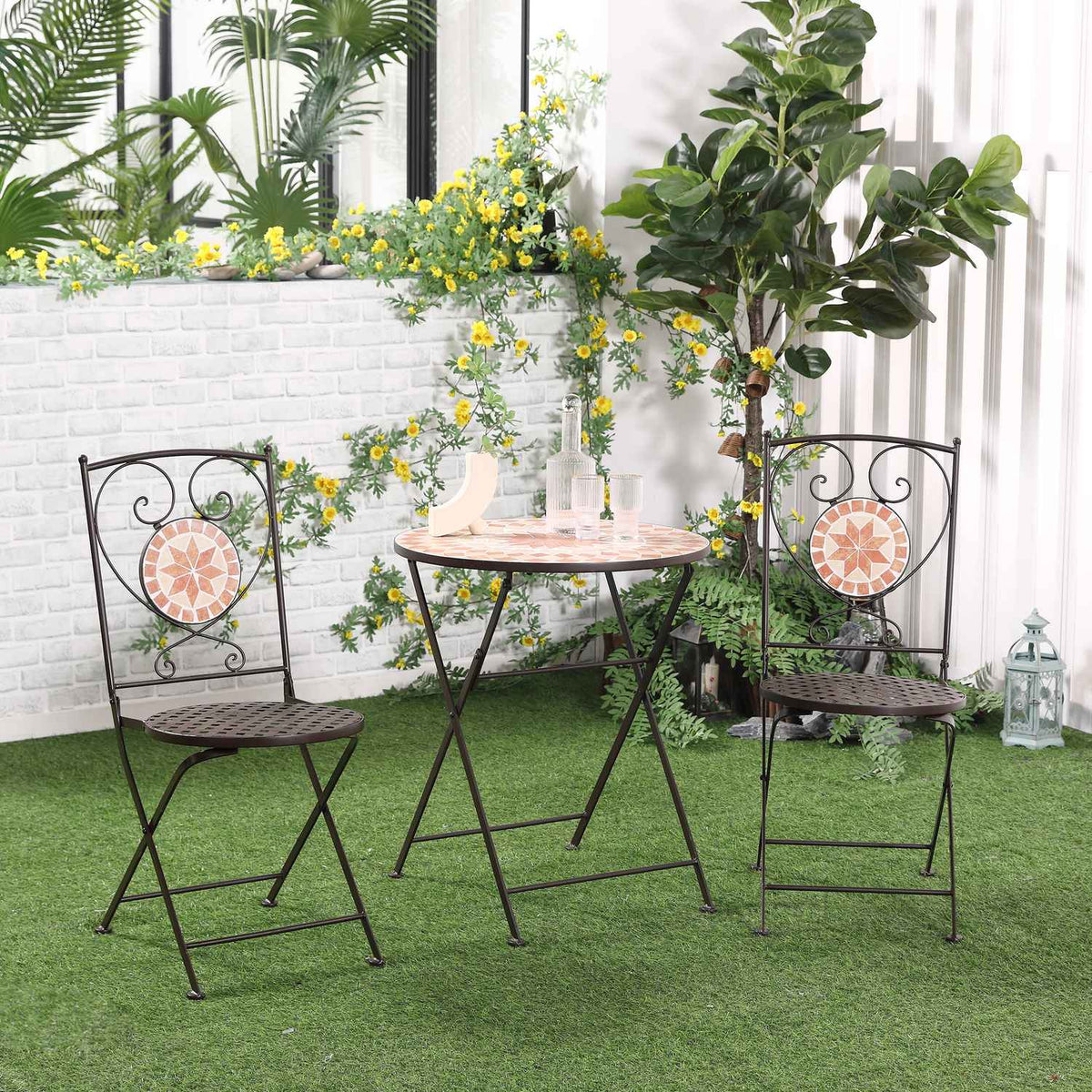 3 Pcs. Bistro Set Garden Furniture Set Balcony Set With 1 Coffee Table, 2 Folding Chairs, Seating Group With Mosaic Pattern, Metal, Coffee