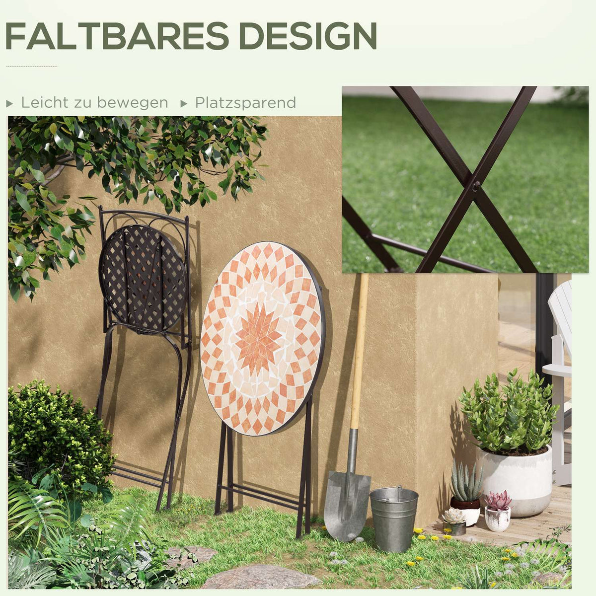 3 Pcs. Bistro Set Garden Furniture Set Balcony Set With 1 Coffee Table, 2 Folding Chairs, Seating Group With Mosaic Pattern, Metal, Coffee