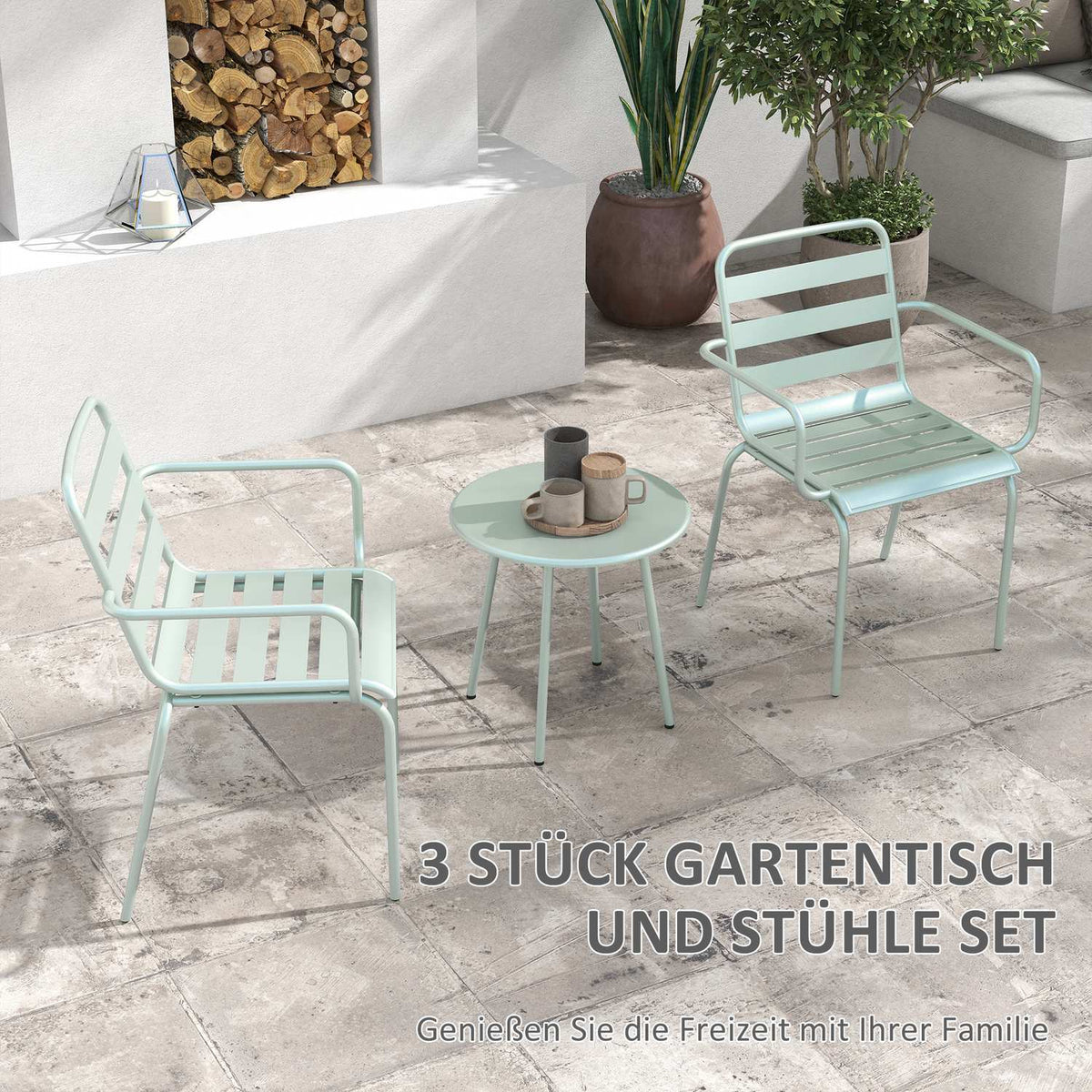3 Pcs. Bistro Set Garden Furniture Set With 1 Coffee Table, 2 Stackable Chairs, Balcony Set, Seating Group For Balcony, Terrace, Steel, Green