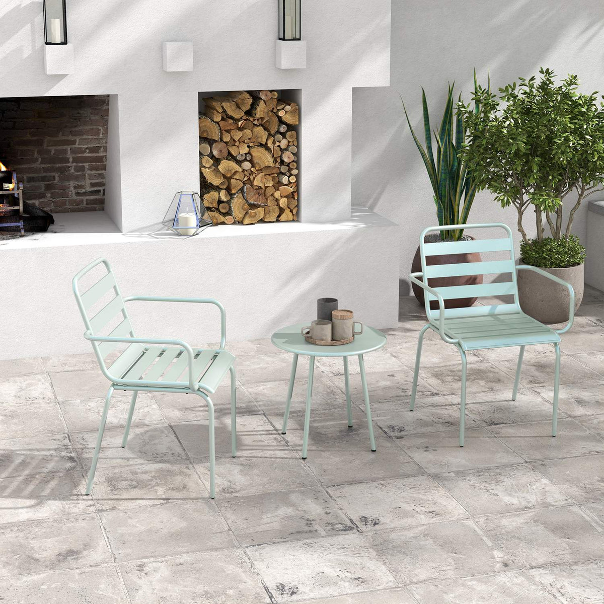 3 Pcs. Bistro Set Garden Furniture Set With 1 Coffee Table, 2 Stackable Chairs, Balcony Set, Seating Group For Balcony, Terrace, Steel, Green