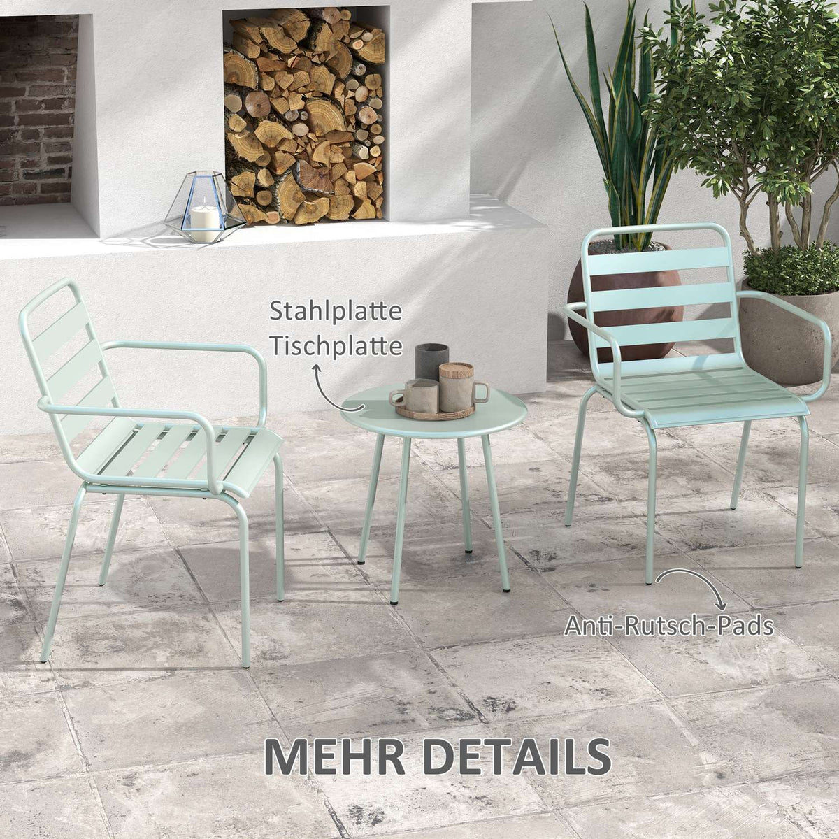 3 Pcs. Bistro Set Garden Furniture Set With 1 Coffee Table, 2 Stackable Chairs, Balcony Set, Seating Group For Balcony, Terrace, Steel, Green