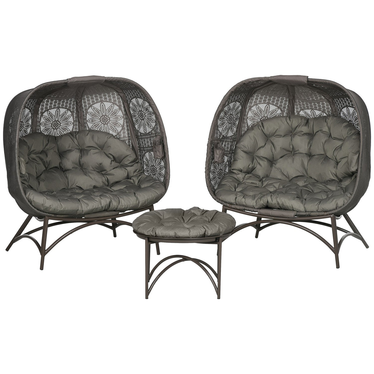 3 Pcs. Garden Chair Set, Wicker Chair With Foldable Seat Basket, Coffee Table, Cushion, Lounge Chair For Patio, Balcony, Steel, Sand