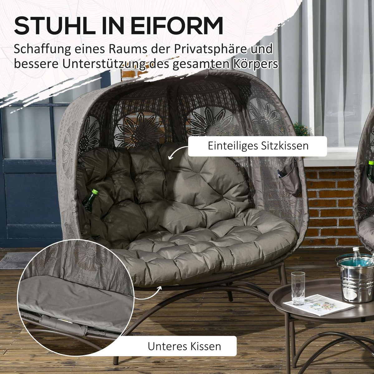 3 Pcs. Garden Chair Set, Wicker Chair With Foldable Seat Basket, Coffee Table, Cushion, Lounge Chair For Patio, Balcony, Steel, Sand
