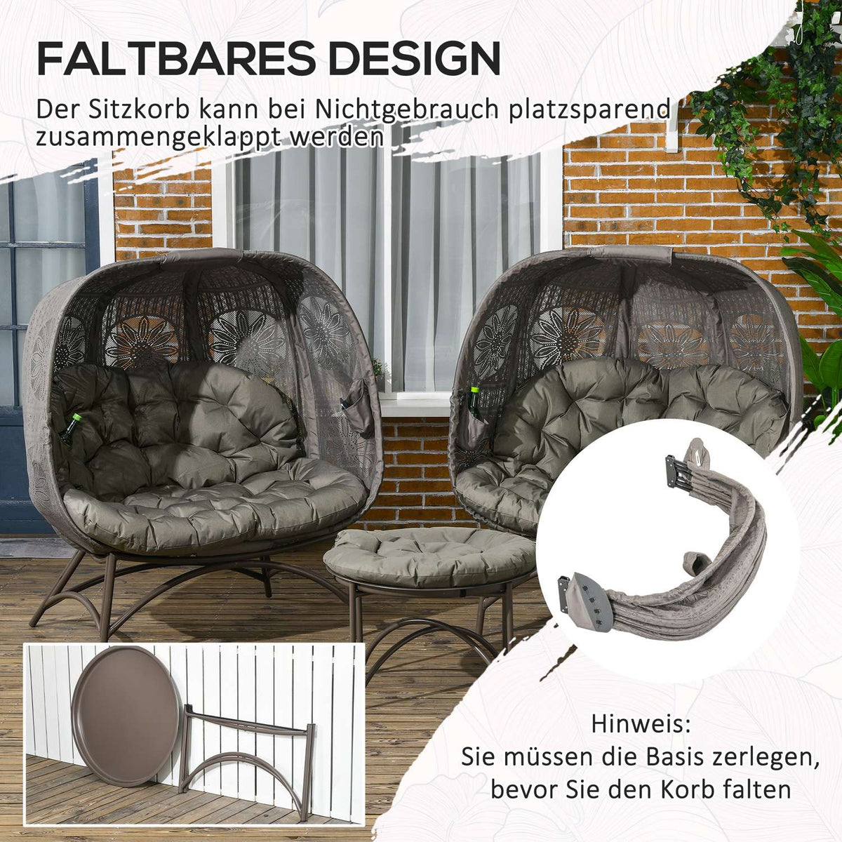3 Pcs. Garden Chair Set, Wicker Chair With Foldable Seat Basket, Coffee Table, Cushion, Lounge Chair For Patio, Balcony, Steel, Sand