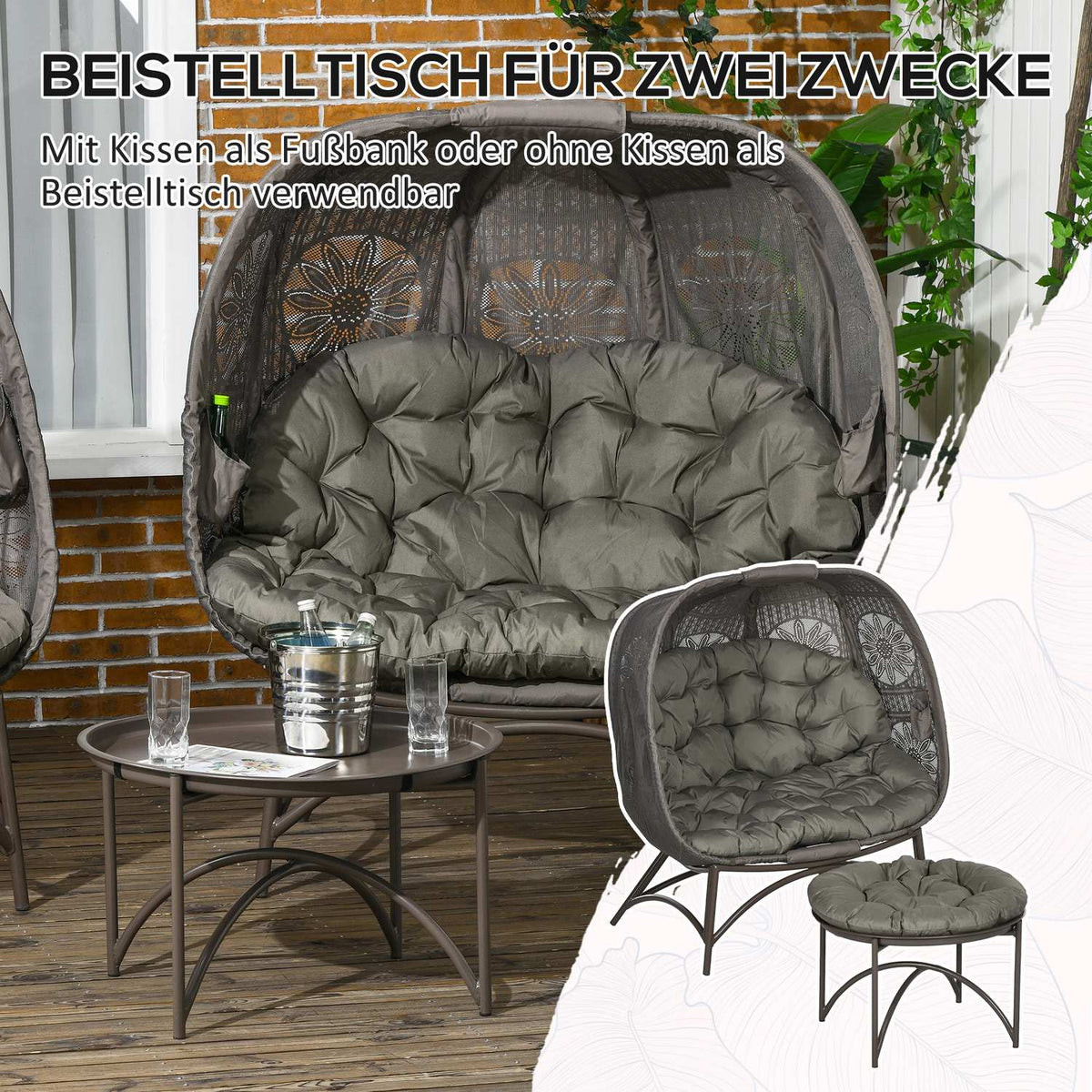 3 Pcs. Garden Chair Set, Wicker Chair With Foldable Seat Basket, Coffee Table, Cushion, Lounge Chair For Patio, Balcony, Steel, Sand
