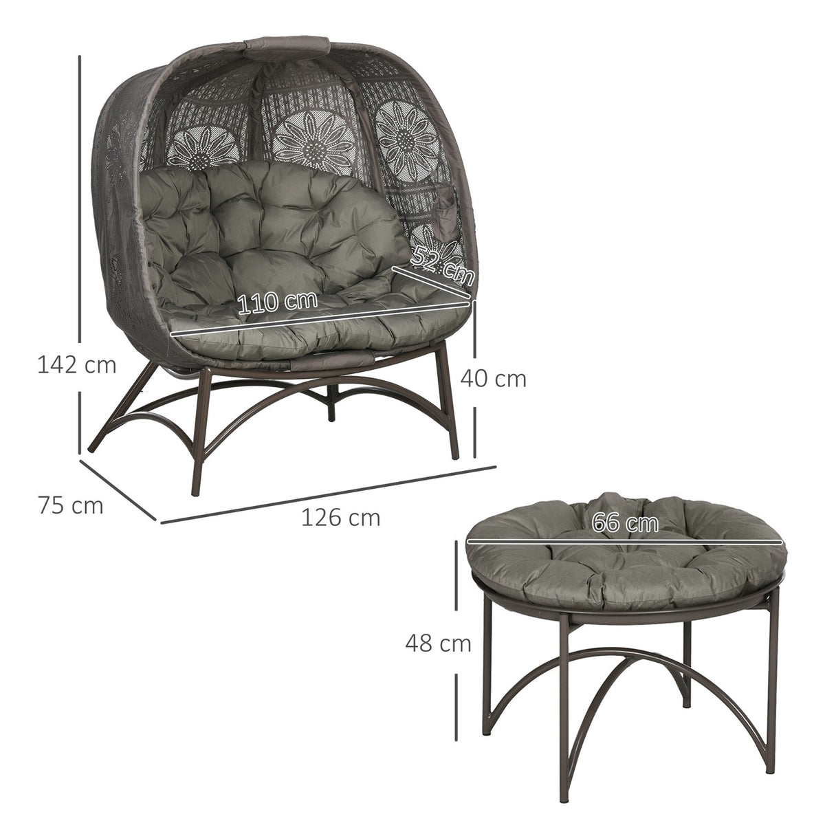 3 Pcs. Garden Chair Set, Wicker Chair With Foldable Seat Basket, Coffee Table, Cushion, Lounge Chair For Patio, Balcony, Steel, Sand