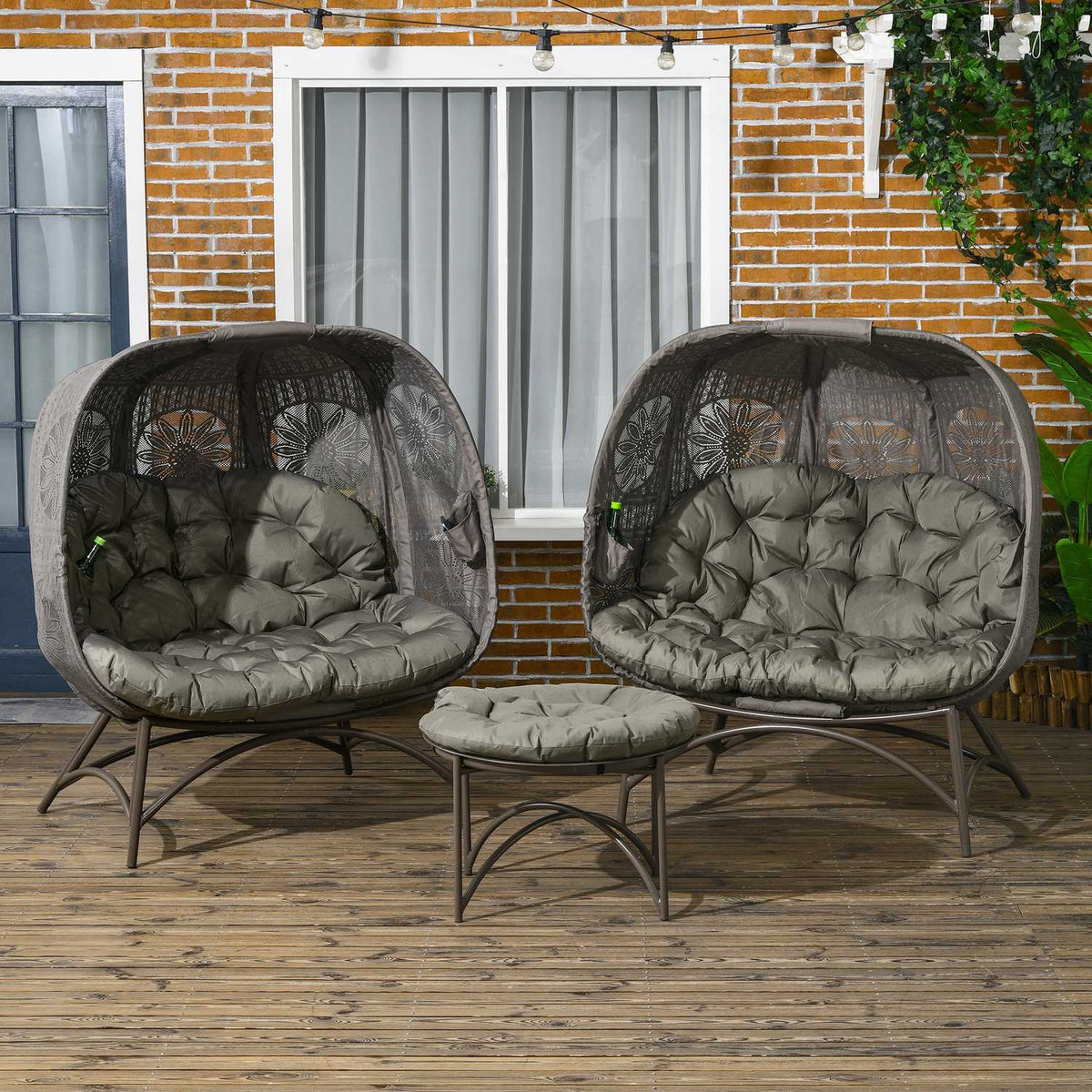 3 Pcs. Garden Chair Set, Wicker Chair With Foldable Seat Basket, Coffee Table, Cushion, Lounge Chair For Patio, Balcony, Steel, Sand