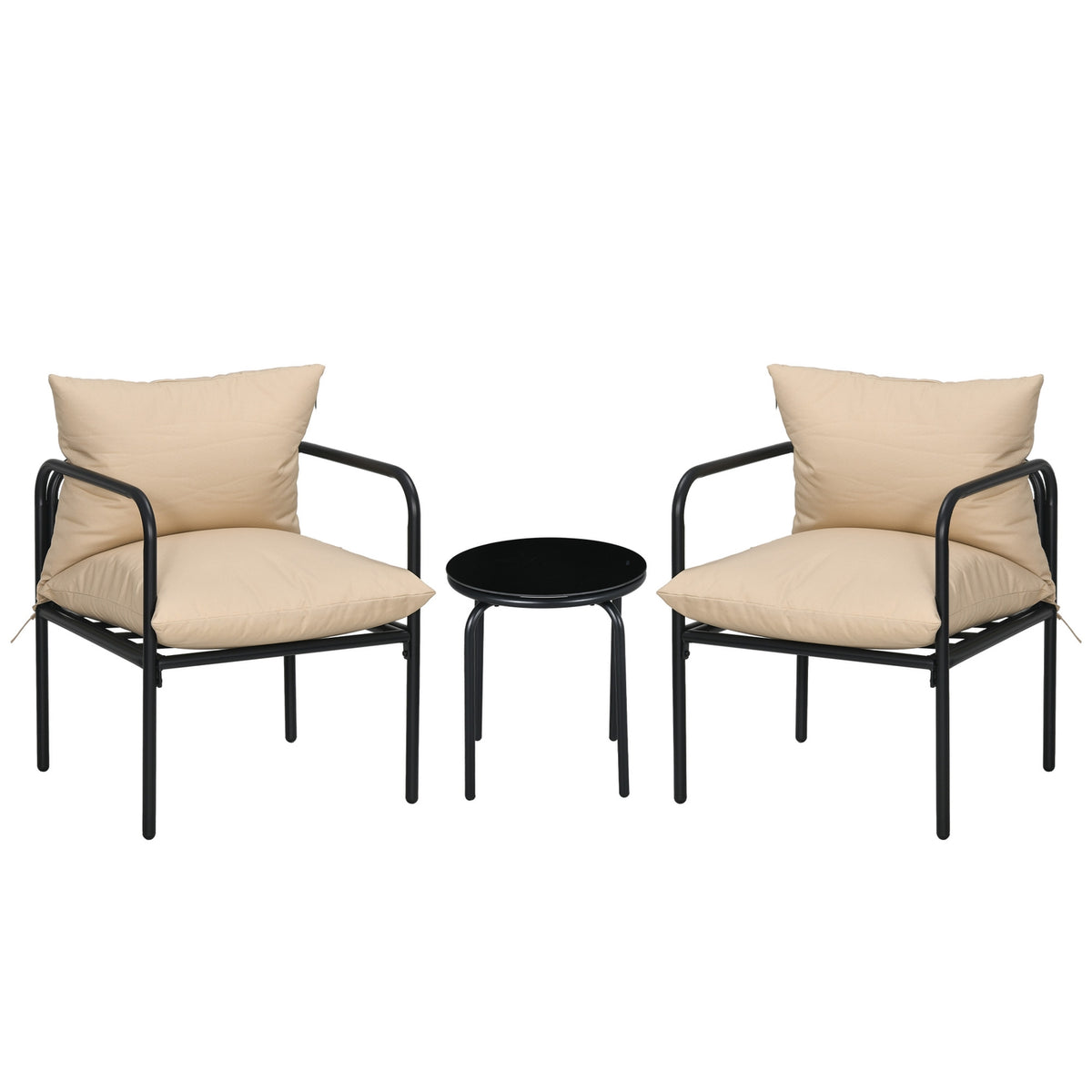 3 Pcs. Garden Furniture Set, Bistro Set With 2 Chairs, 1 Coffee Table, Balcony Furniture Set With Seat Cushions, Garden Seating Group, Steel, Beige