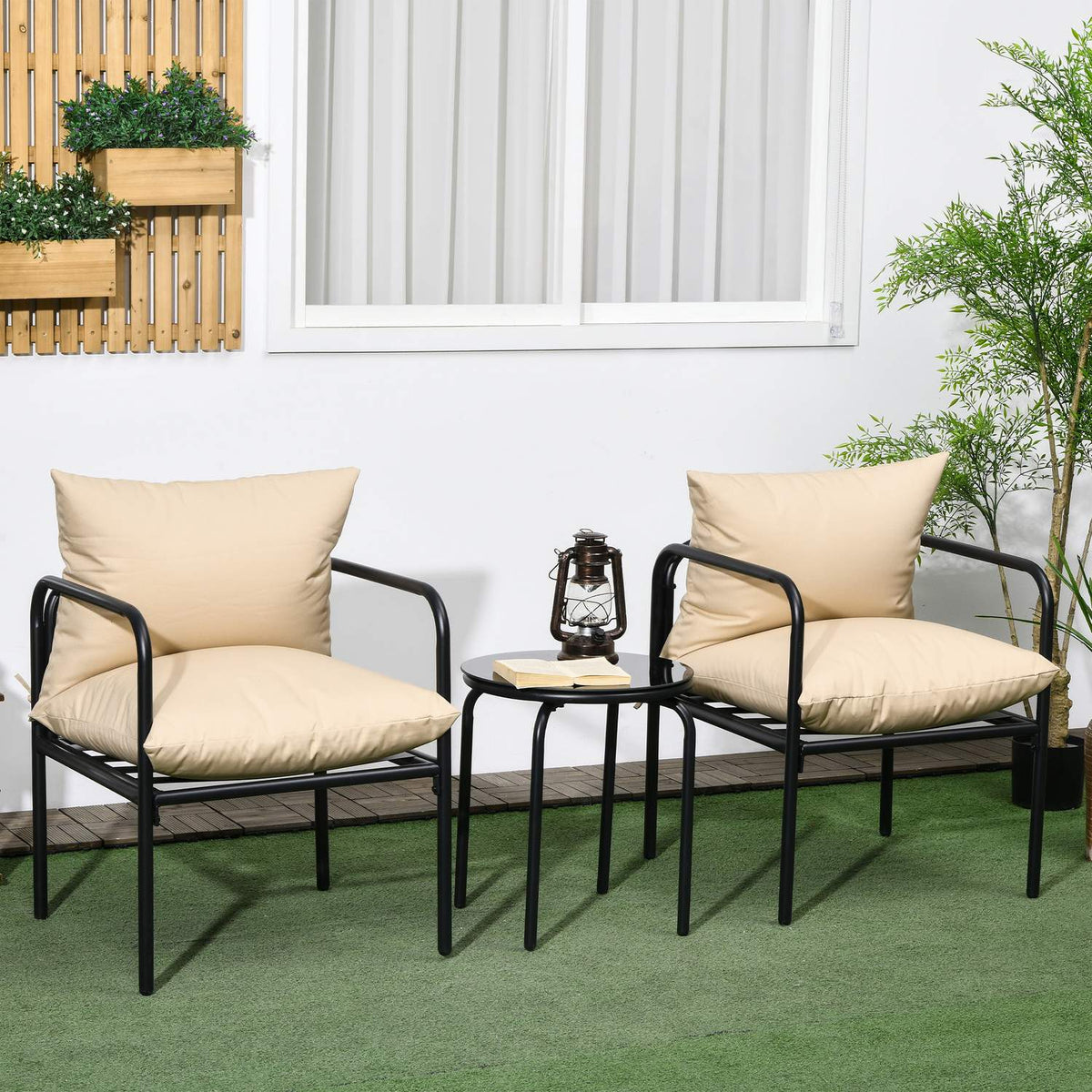 3 Pcs. Garden Furniture Set, Bistro Set With 2 Chairs, 1 Coffee Table, Balcony Furniture Set With Seat Cushions, Garden Seating Group, Steel, Beige