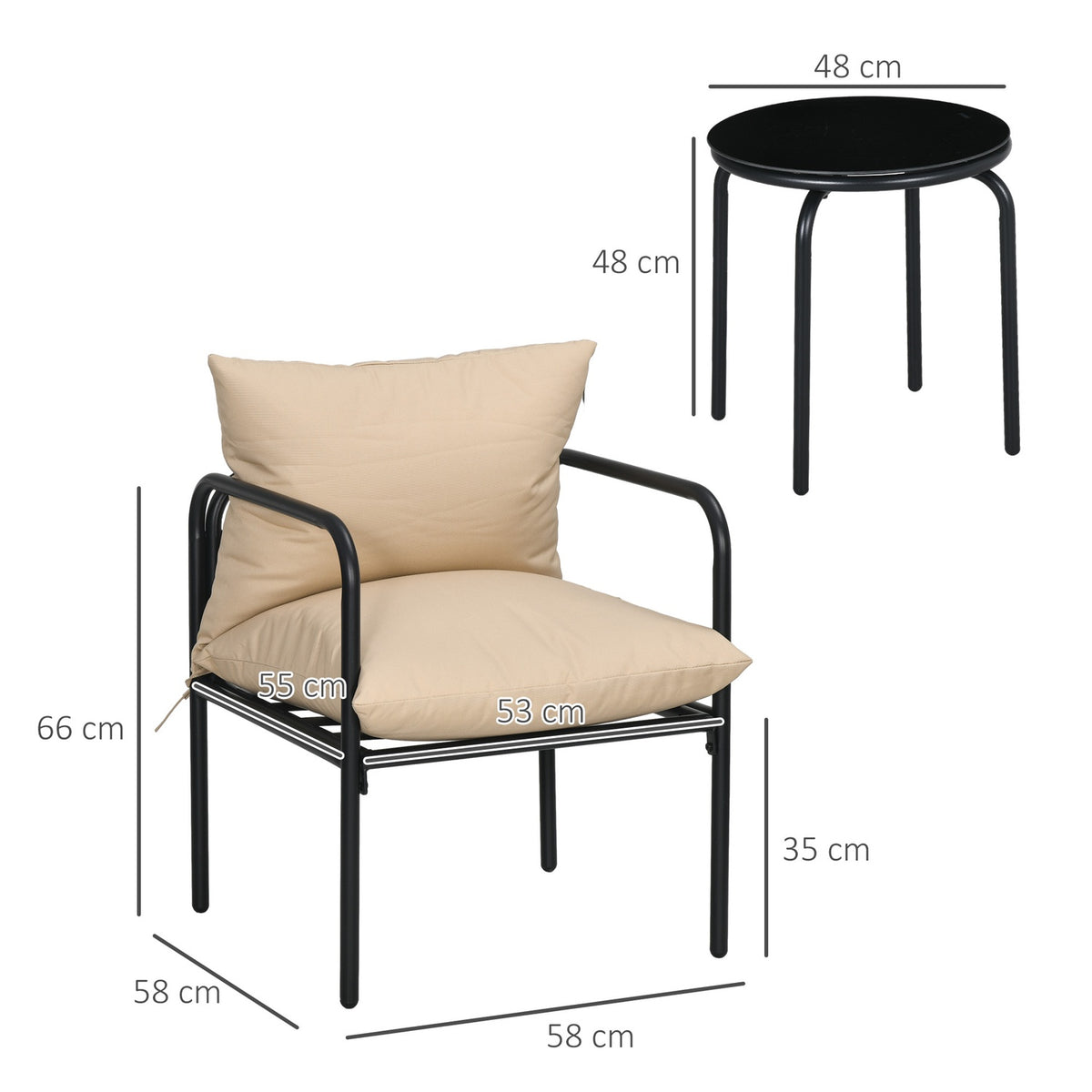 3 Pcs. Garden Furniture Set, Bistro Set With 2 Chairs, 1 Coffee Table, Balcony Furniture Set With Seat Cushions, Garden Seating Group, Steel, Beige