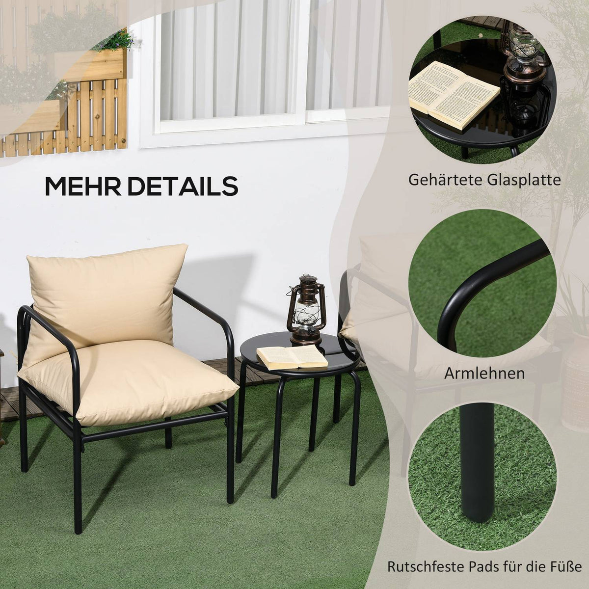 3 Pcs. Garden Furniture Set, Bistro Set With 2 Chairs, 1 Coffee Table, Balcony Furniture Set With Seat Cushions, Garden Seating Group, Steel, Beige