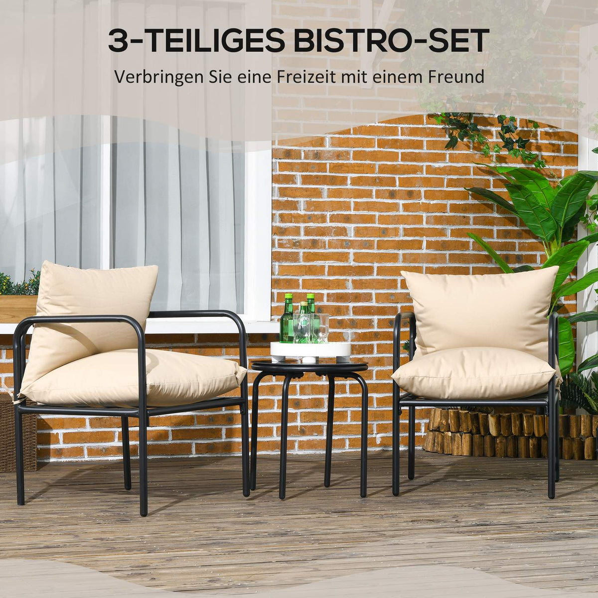 3 Pcs. Garden Furniture Set, Bistro Set With 2 Chairs, 1 Coffee Table, Balcony Furniture Set With Seat Cushions, Garden Seating Group, Steel, Beige