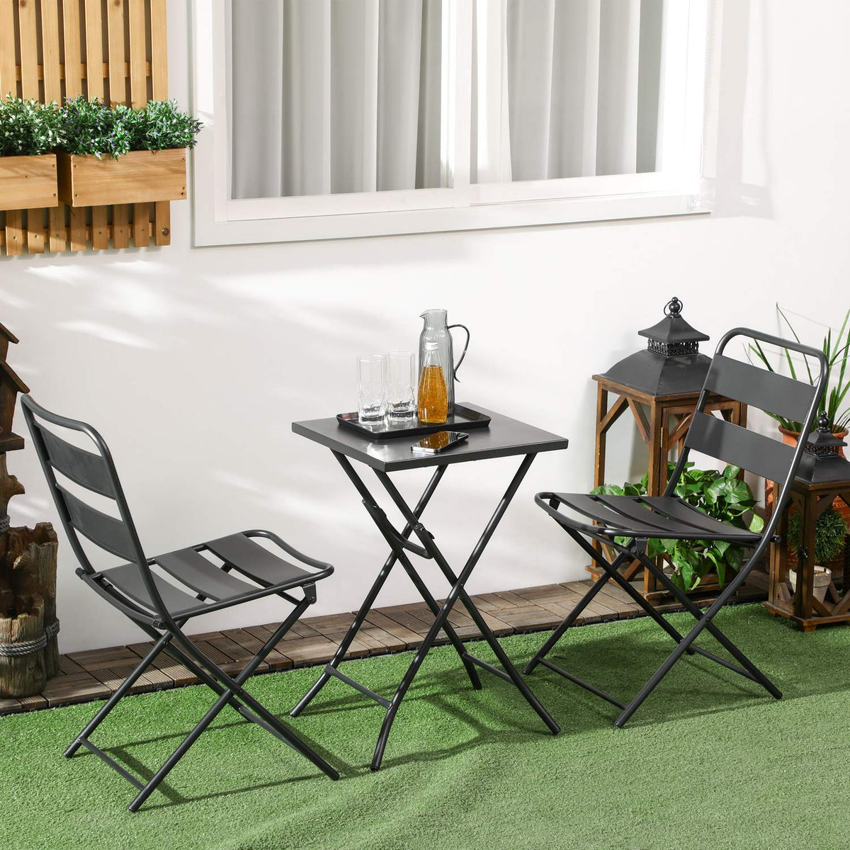 3 Pcs. Garden Furniture Set, Garden Bistro Set Including 1 Folding Table, 2 Folding Chairs, Garden Furniture For Patio, Garden, Balcony, Steel, Black